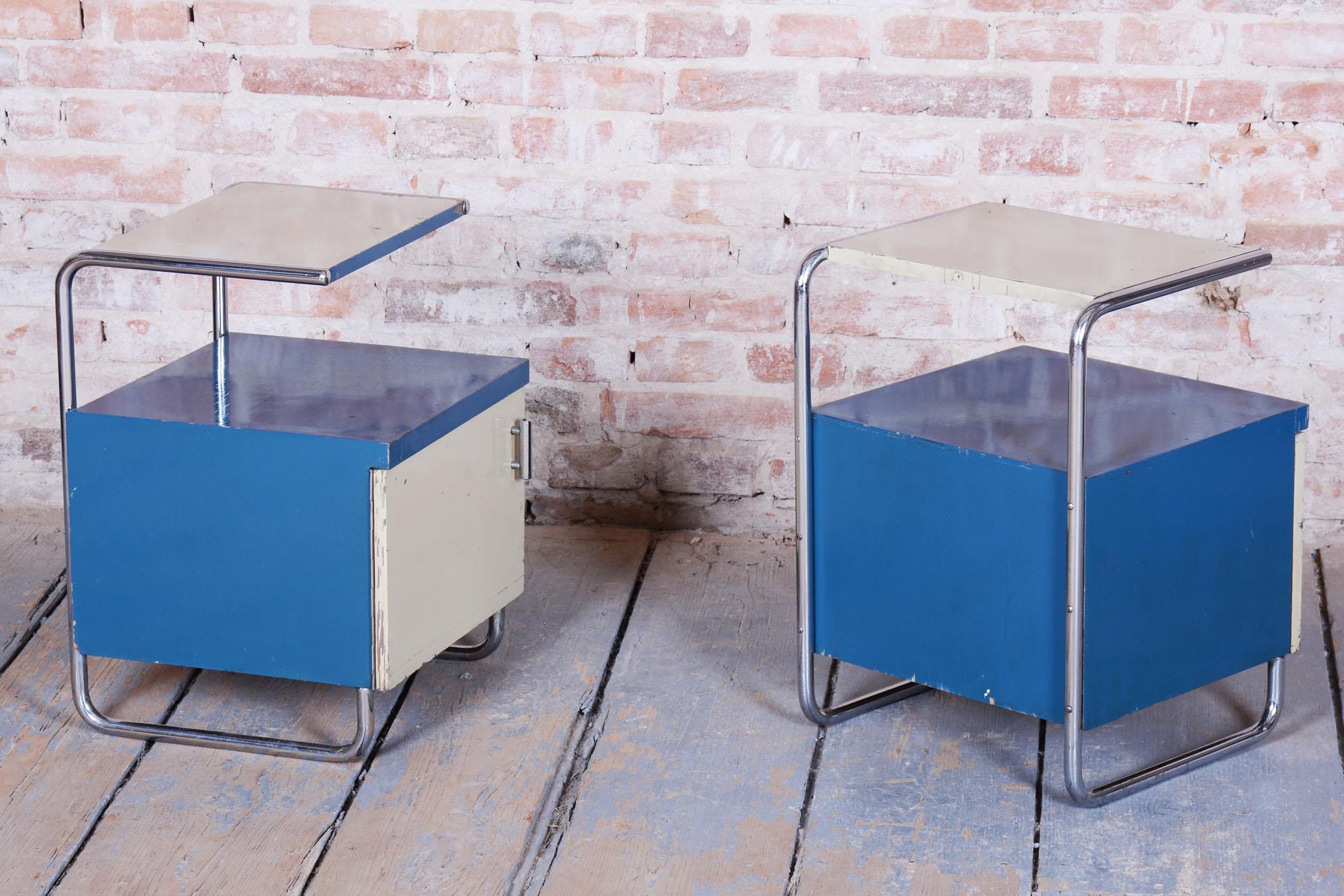 Coppia di comodini Bauhaus restaurati, cromo, Wood laccato,  Ceca, anni '30 in vendita 3