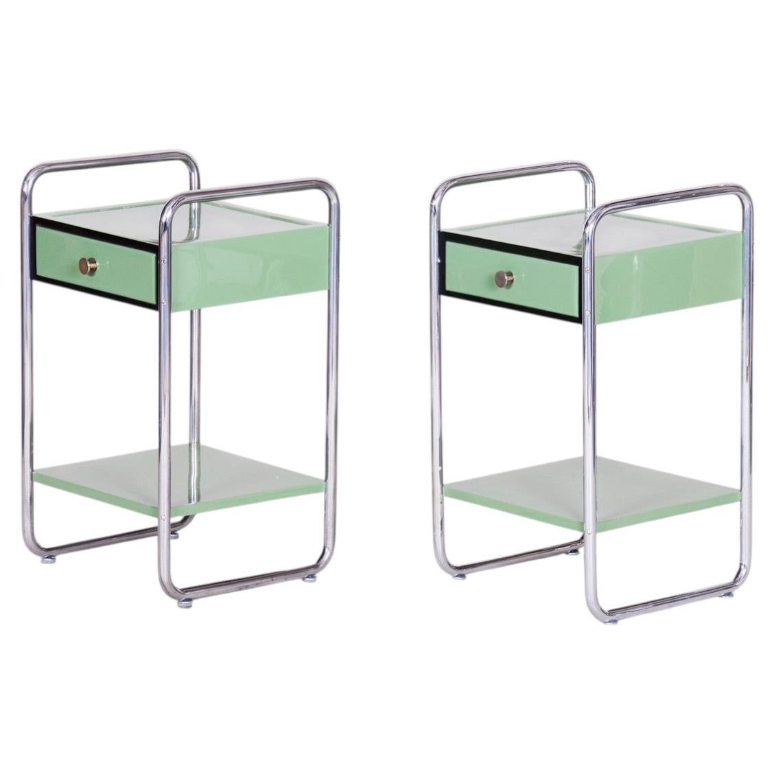 Pair of Restored Bauhaus Bedside Tables, Chrome, Lacquered Wood, Czech, 1930s For Sale