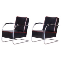 Pair of Restored Bauhaus Fn21 Armchairs, by Mücke-Melder, Leather, Czech, 1930s