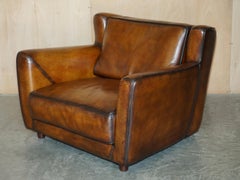 Pair of Restored Baxter Berger Hand Dyed Cigar Brown Leather Love Seat Armchairs