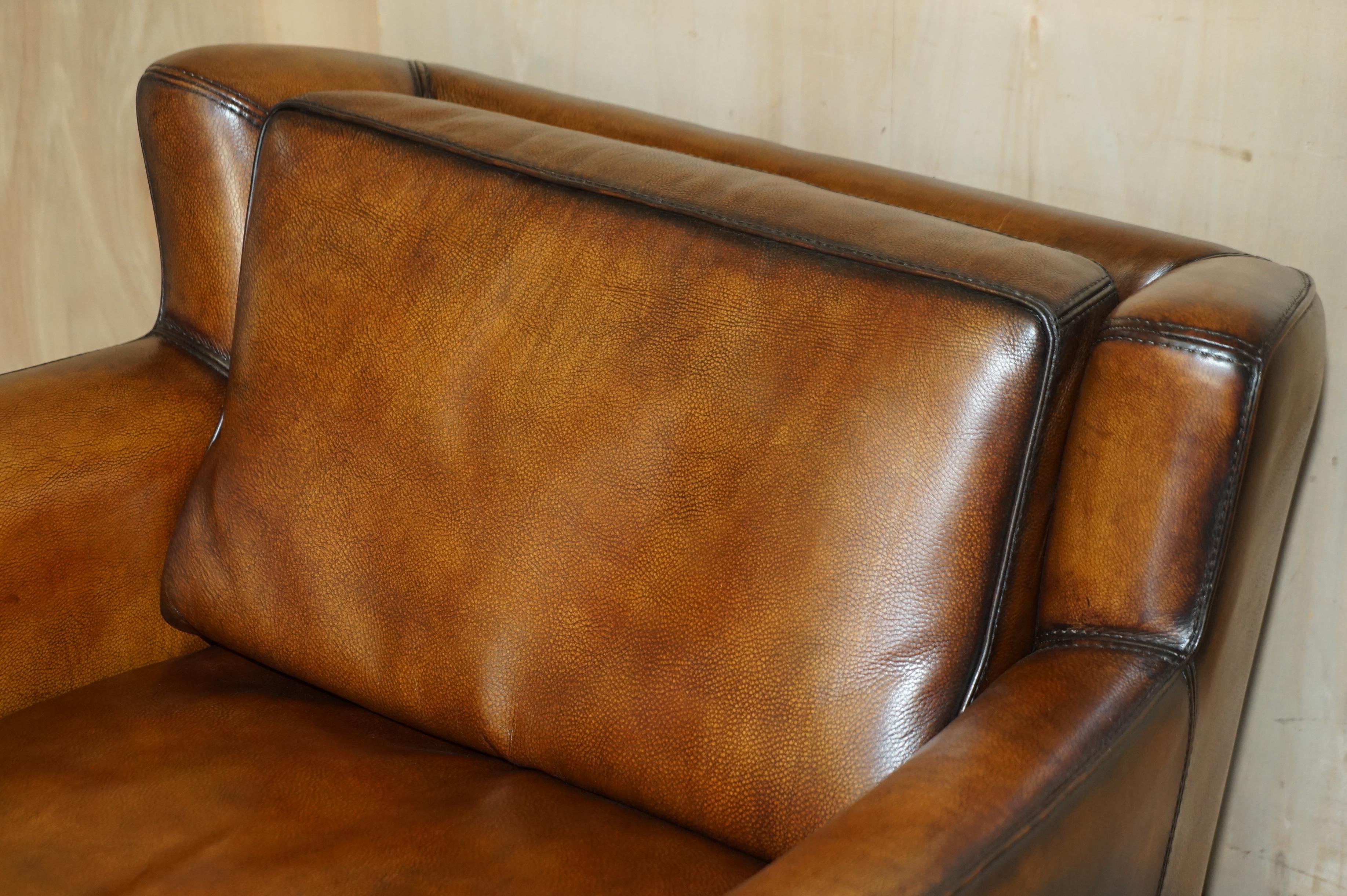 English Pair of Restored Baxter Berger Hand Dyed Cigar Brown Leather Love Seat Armchairs For Sale
