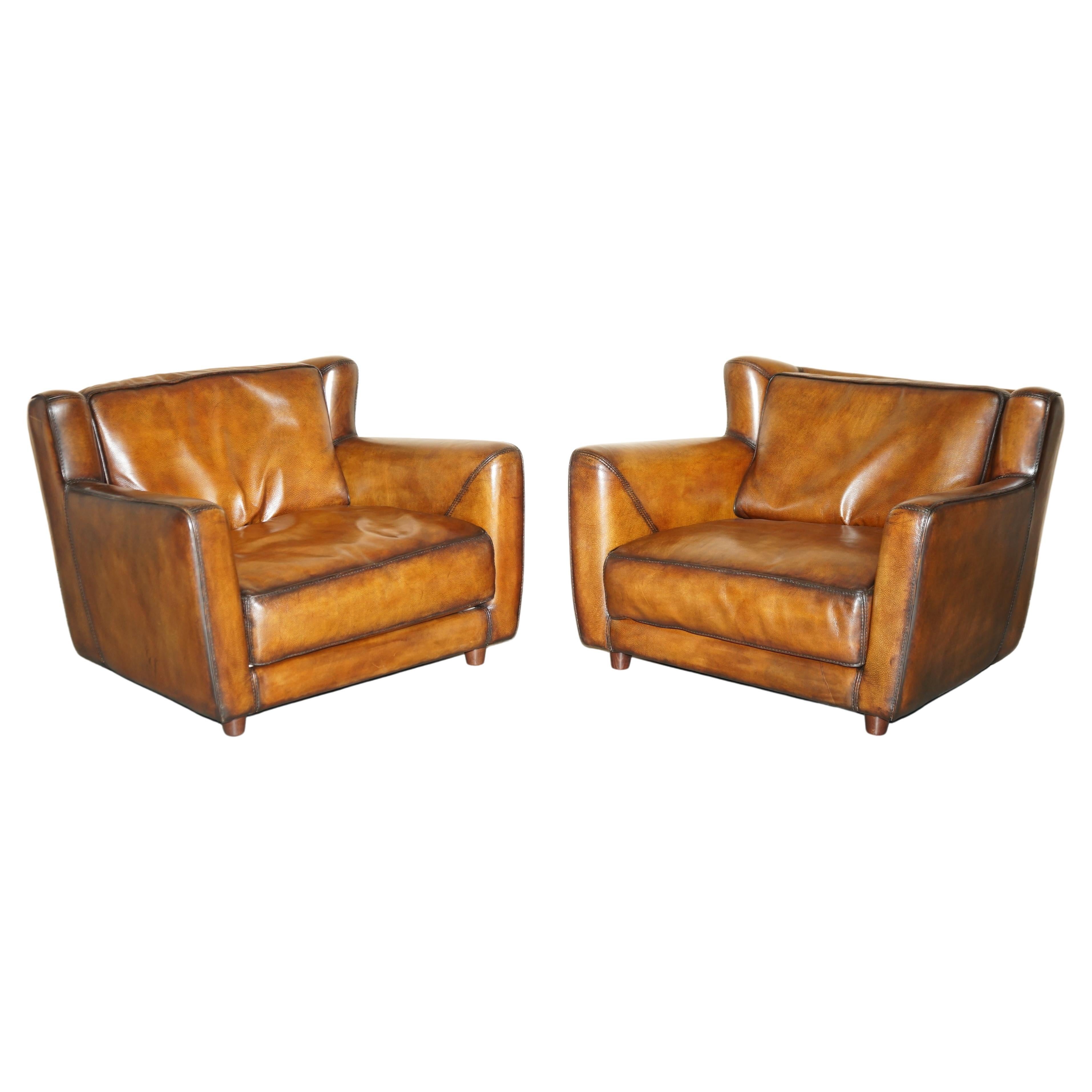 Pair of Restored Baxter Berger Hand Dyed Cigar Brown Leather Love Seat Armchairs For Sale