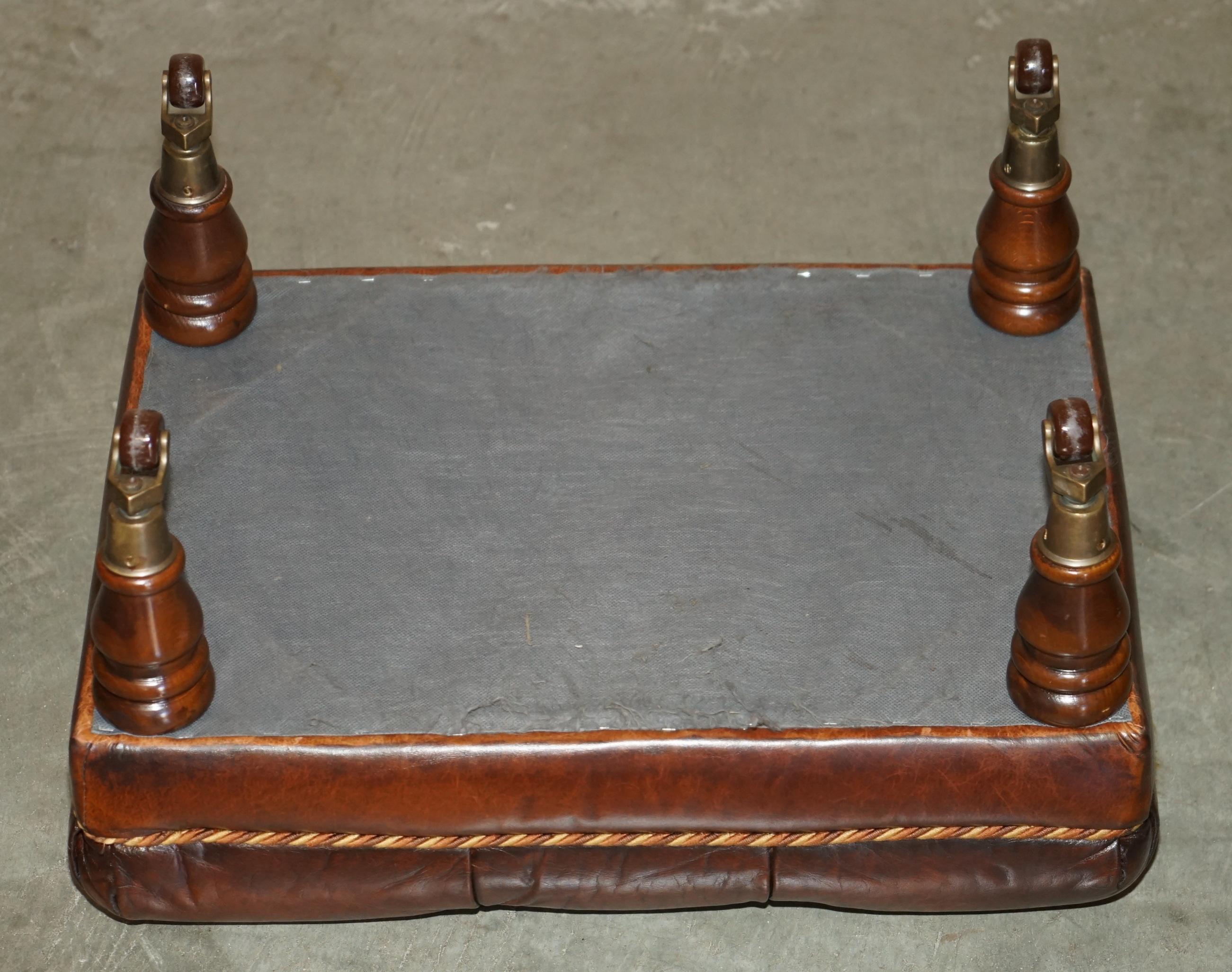 PAAR RESTORED BROWN LEATHER CHESTERFIELD TUFTED PORCELAIN CASTORS FOOTSTOOLs im Angebot 3
