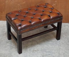 Pair of Restored Chesterfield Brown Leather Bench Footstool or Normal Stools