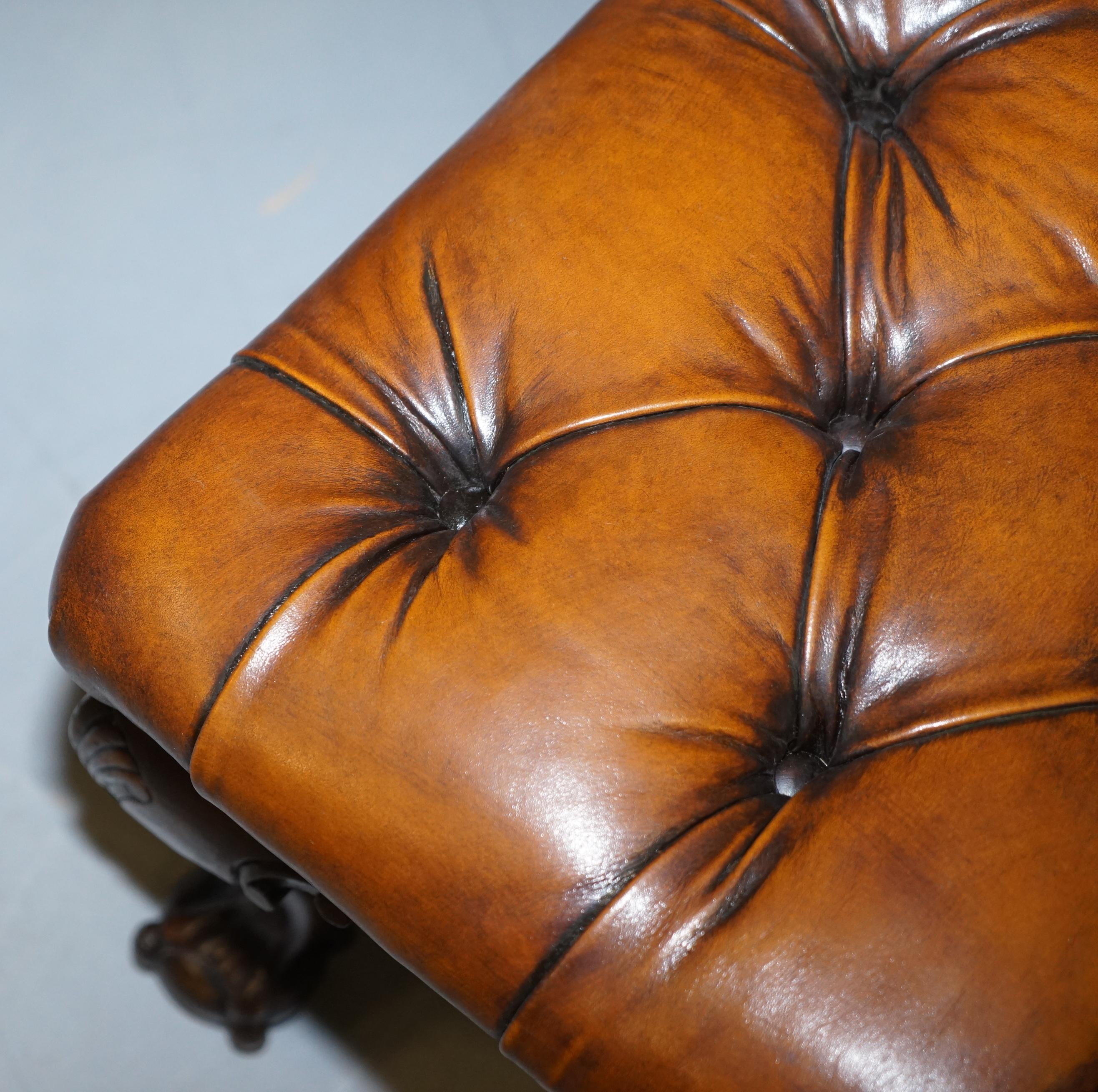 Pair of Restored Chesterfield Brown Leather Claw & Ball Feet Footstools Ottomans 9