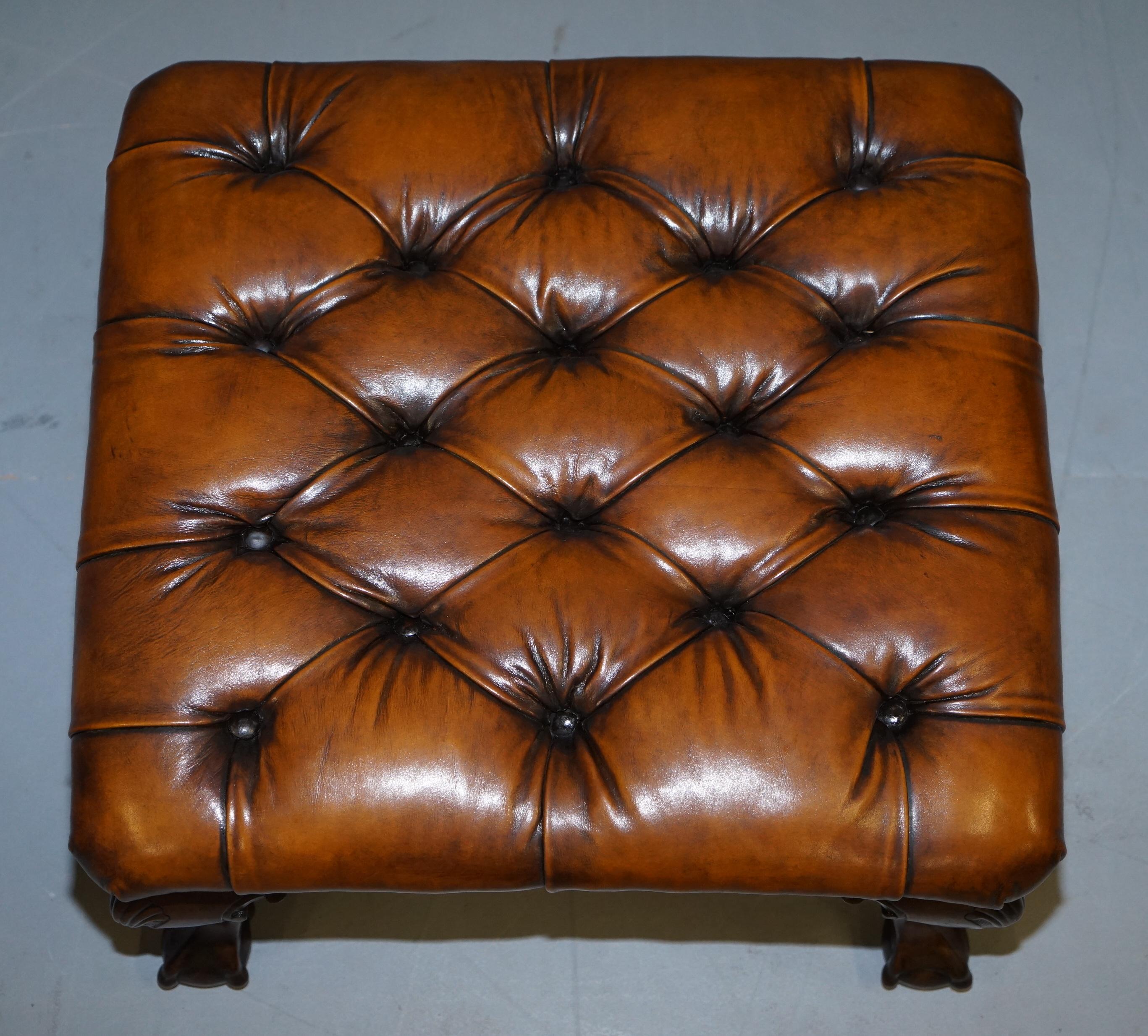 English Pair of Restored Chesterfield Brown Leather Claw & Ball Feet Footstools Ottomans