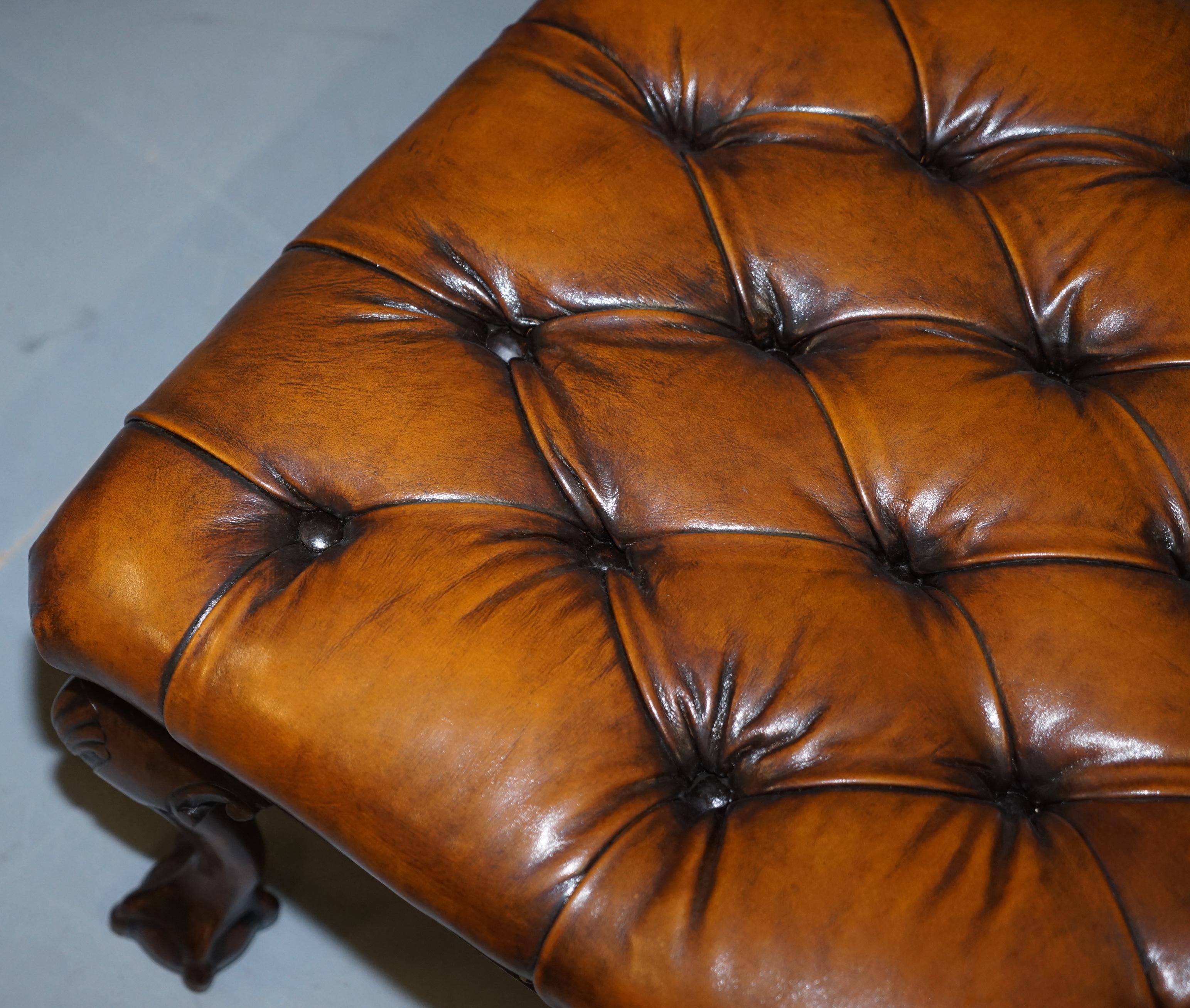 Hand-Crafted Pair of Restored Chesterfield Brown Leather Claw & Ball Feet Footstools Ottomans