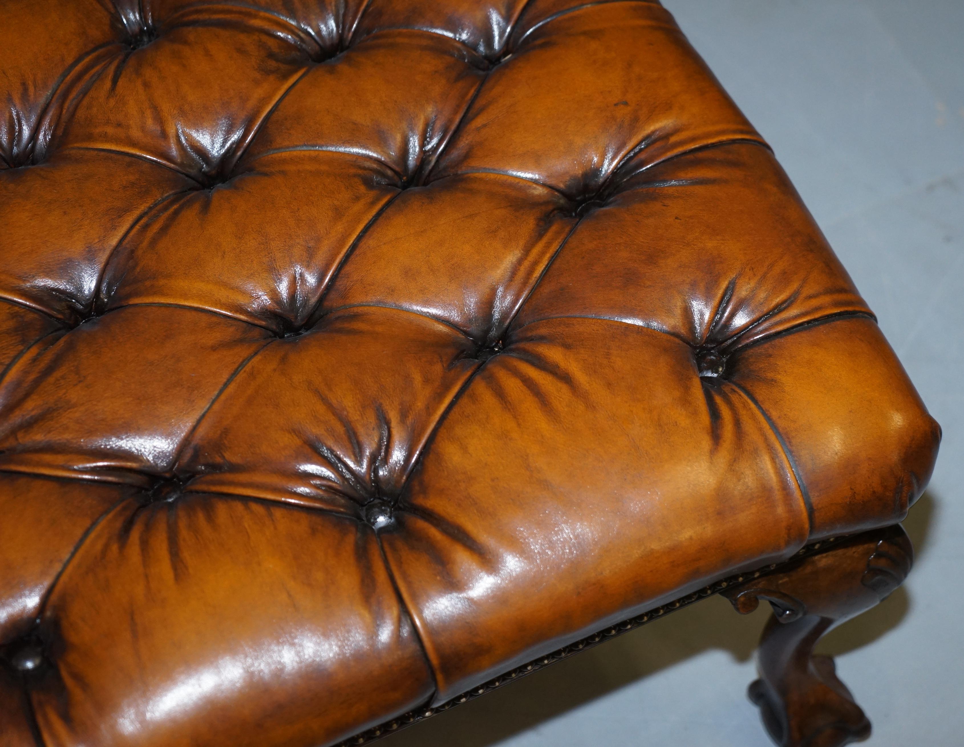 20th Century Pair of Restored Chesterfield Brown Leather Claw & Ball Feet Footstools Ottomans