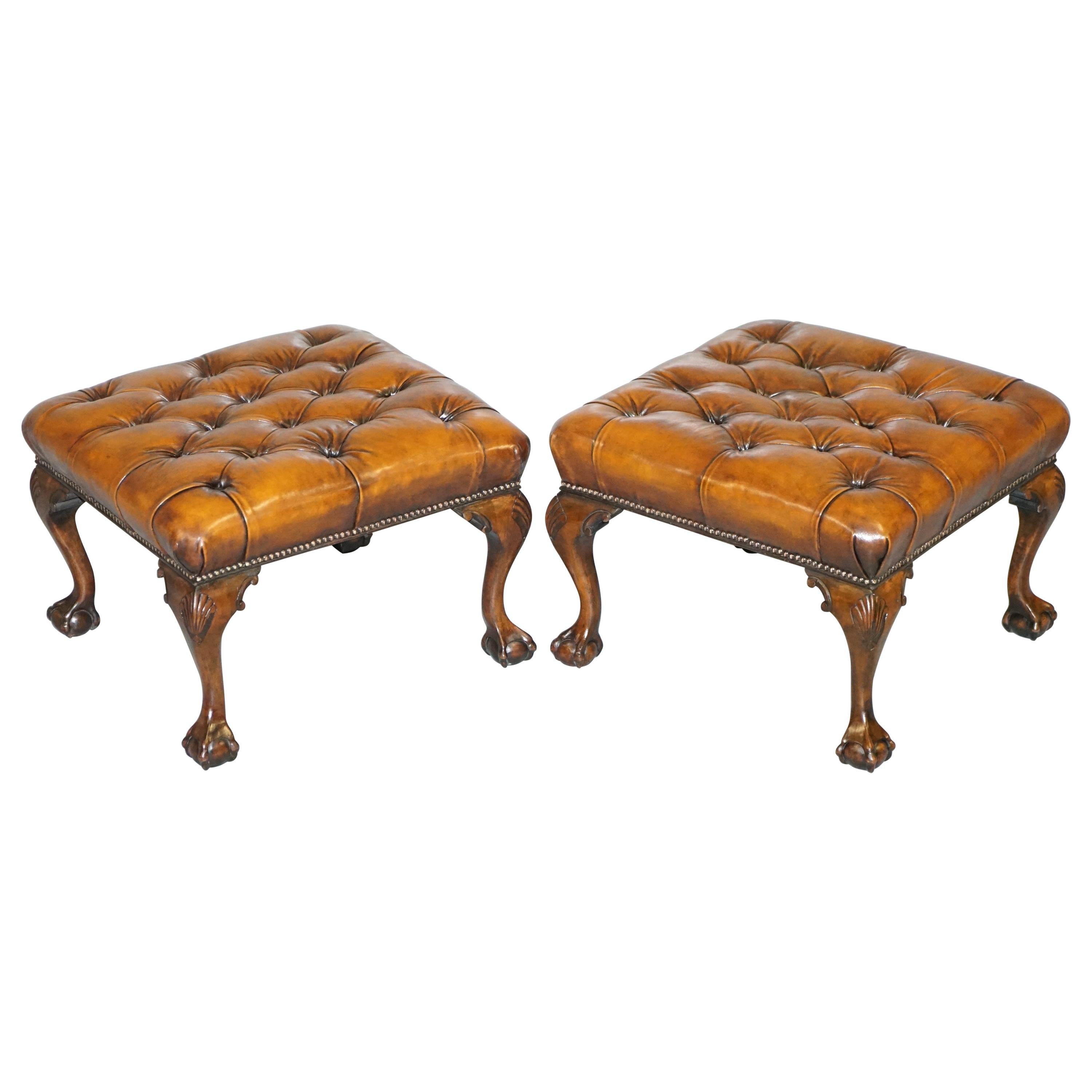 Pair of Restored Chesterfield Brown Leather Claw & Ball Feet Footstools Ottomans
