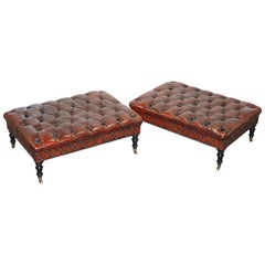 Pair of Restored Chesterfield Brown Leather Hearth Stools Ottomans Footstools