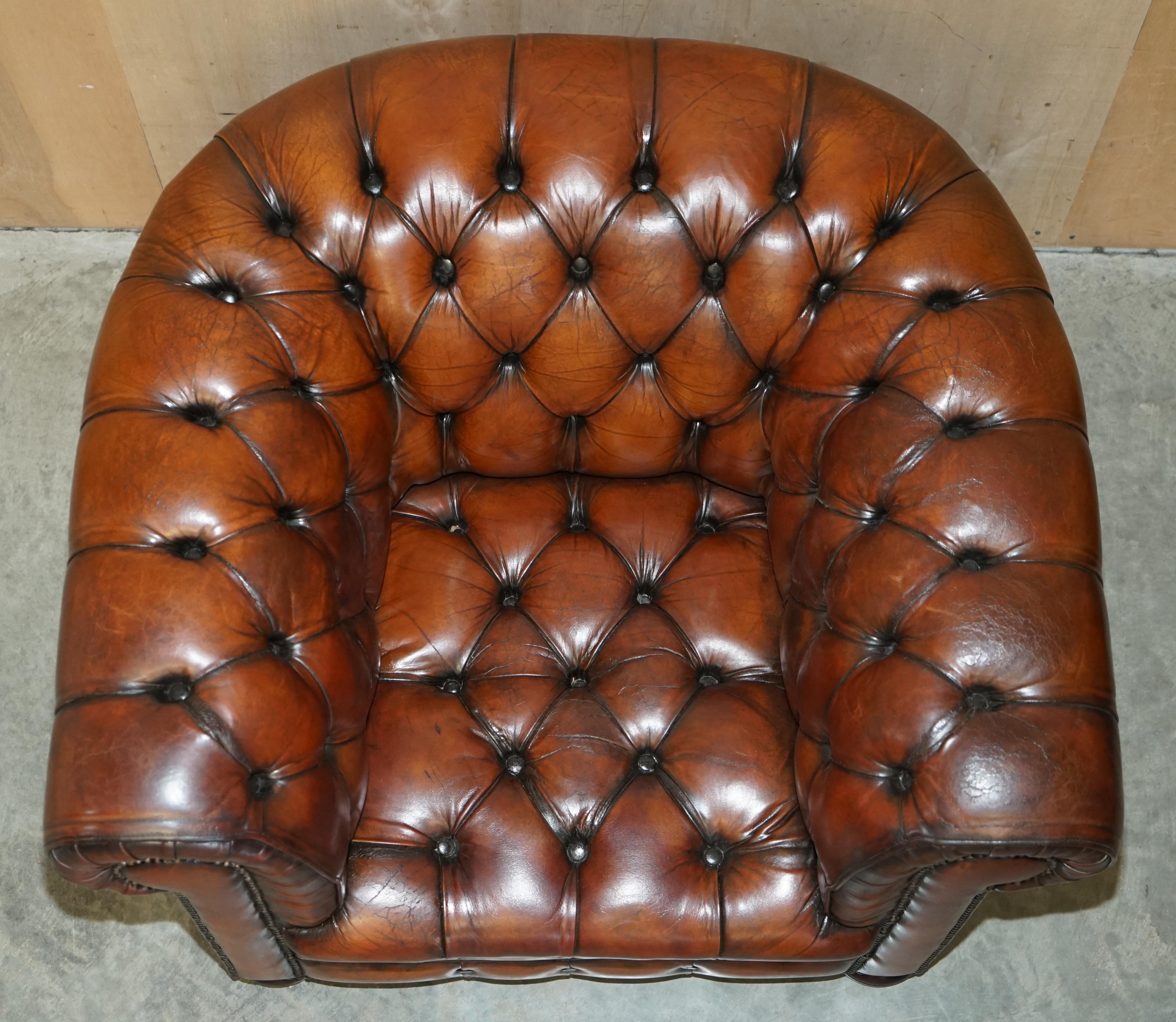 Pair of Restored Chesterfield Club Armchairs & Footstool Hand Dyed Brown Leather 4