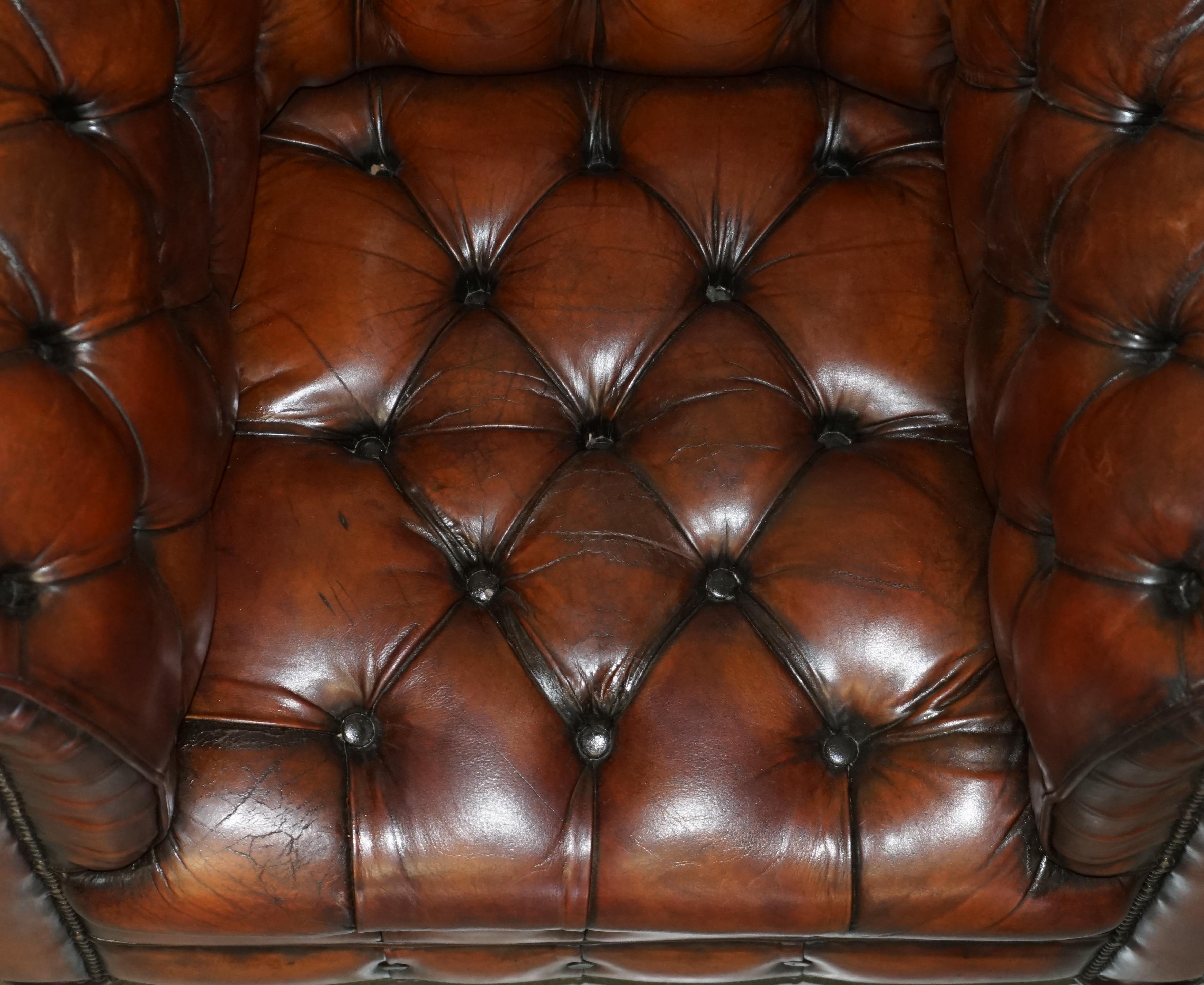 Pair of Restored Chesterfield Club Armchairs & Footstool Hand Dyed Brown Leather 5