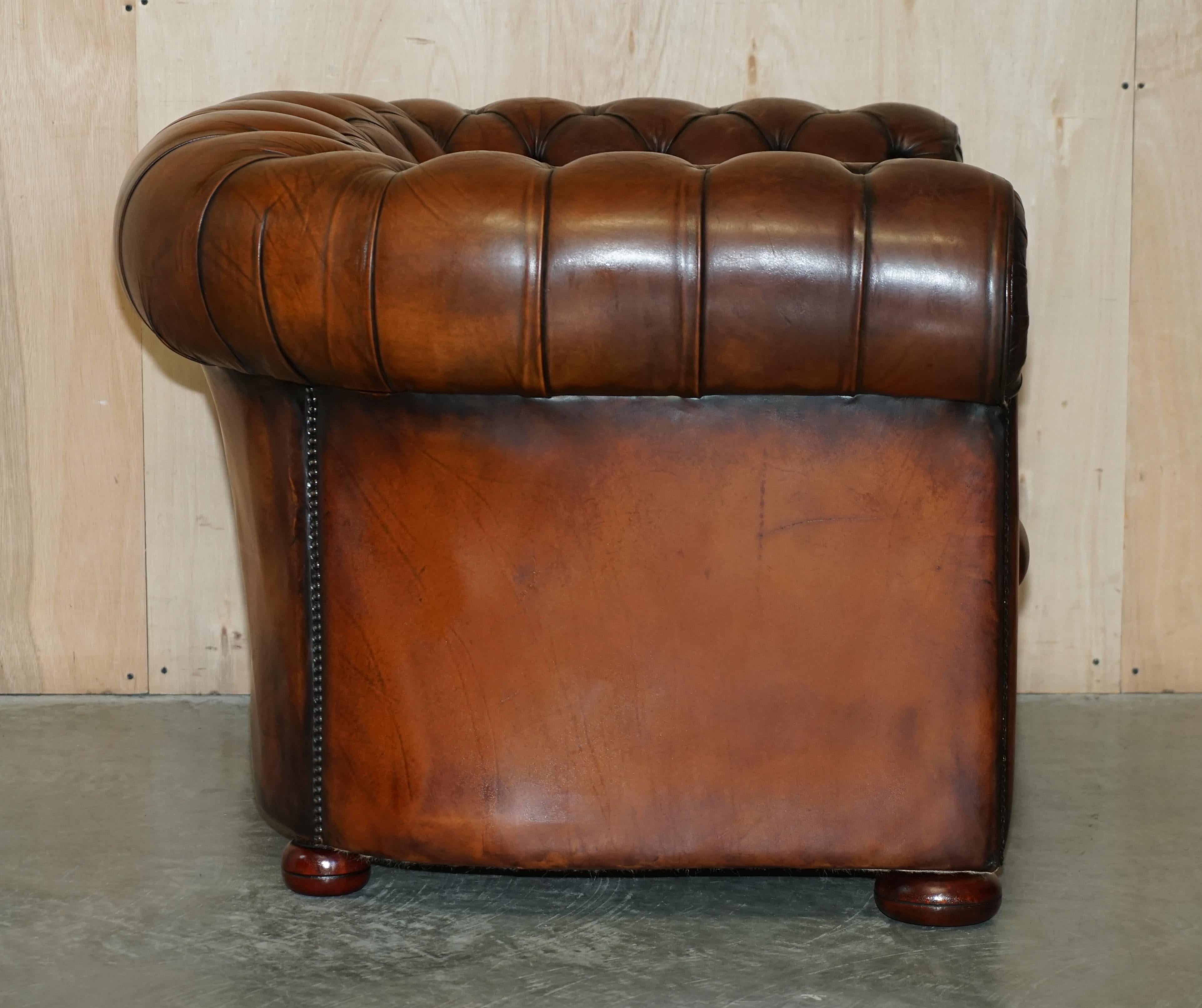 Pair of Restored Chesterfield Club Armchairs and Footstool Hand Dyed Brown Leather For Sale at