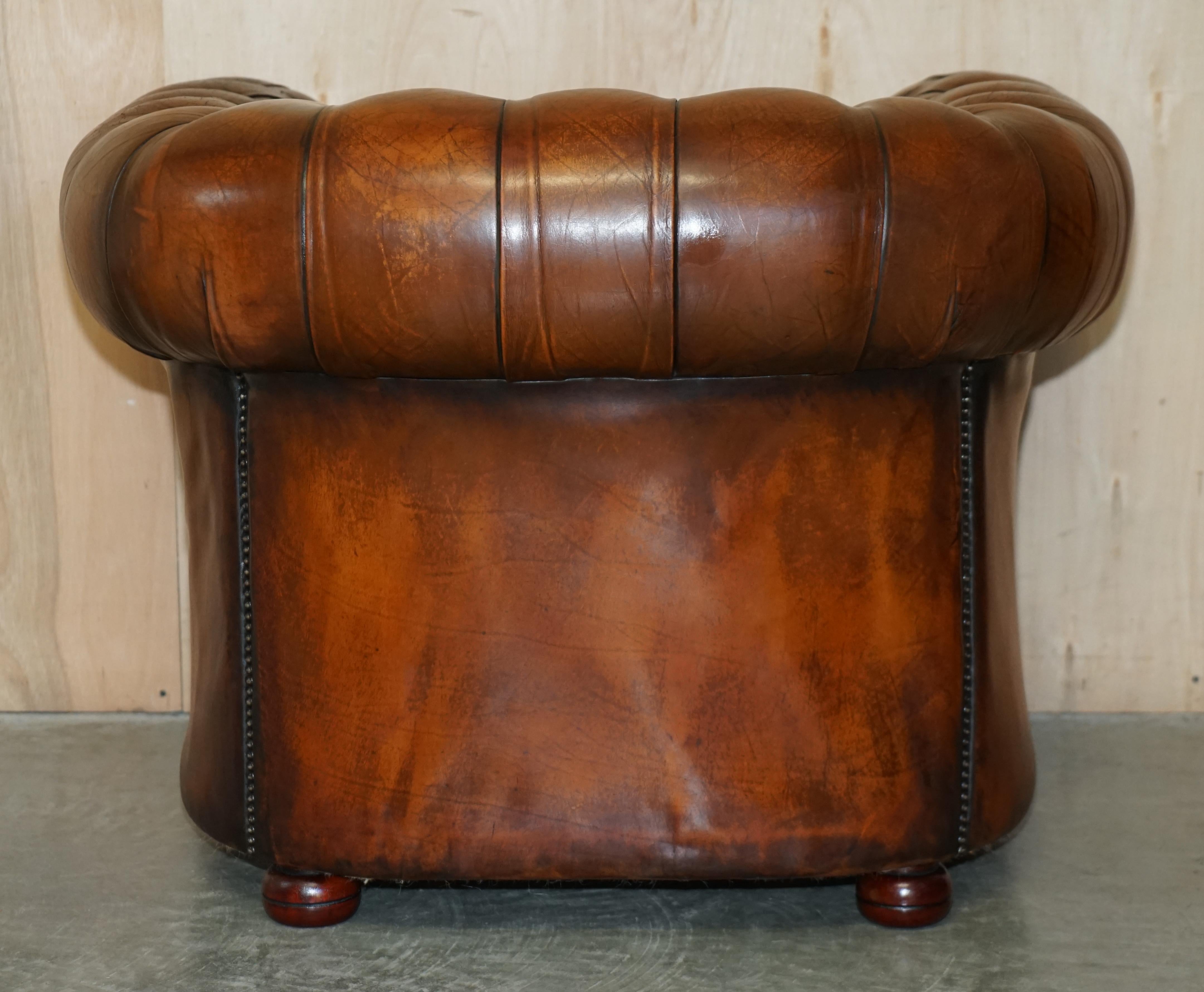 Pair of Restored Chesterfield Club Armchairs & Footstool Hand Dyed Brown Leather 7