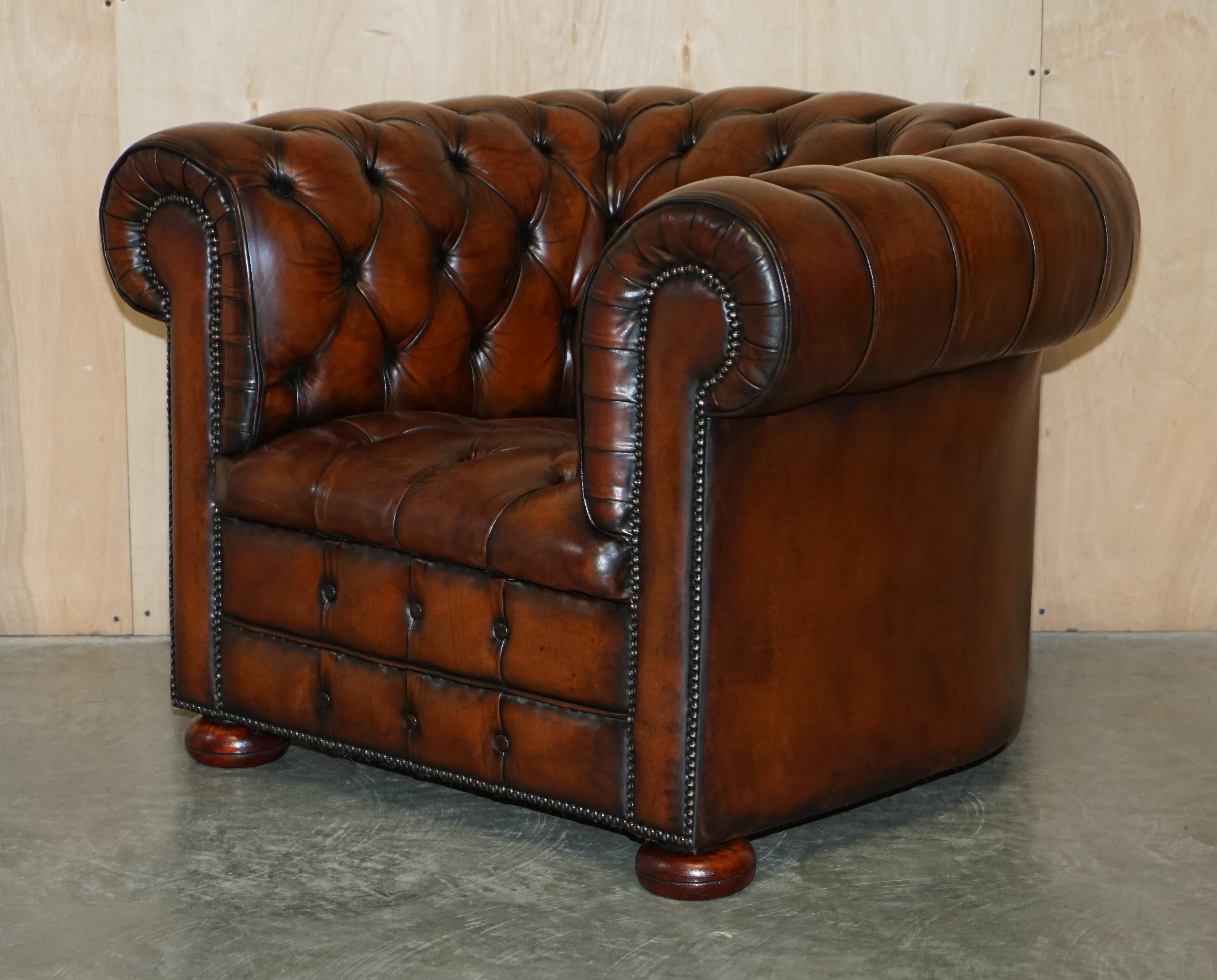 Pair of Restored Chesterfield Club Armchairs & Footstool Hand Dyed Brown Leather 8