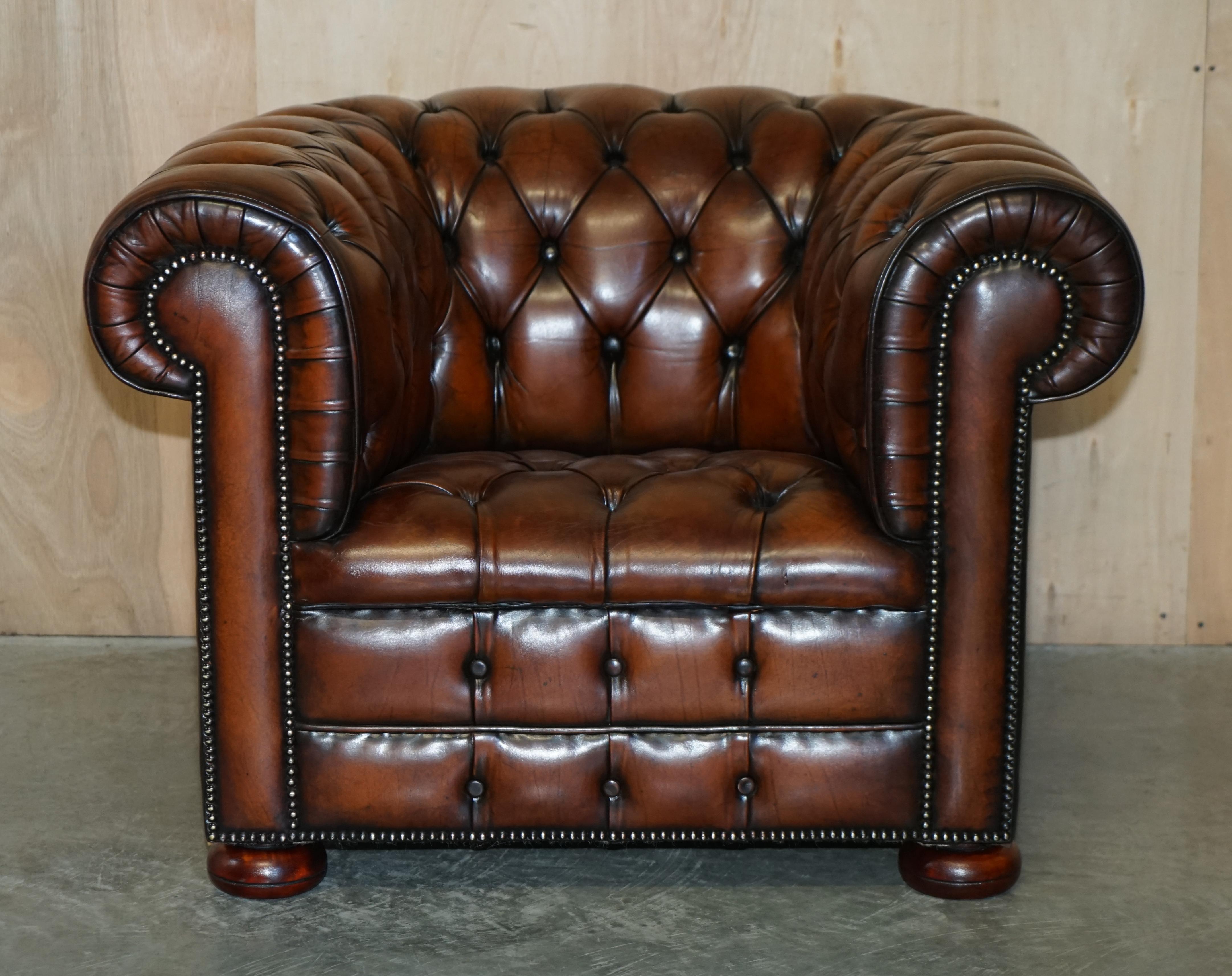 Pair of Restored Chesterfield Club Armchairs & Footstool Hand Dyed Brown Leather 9