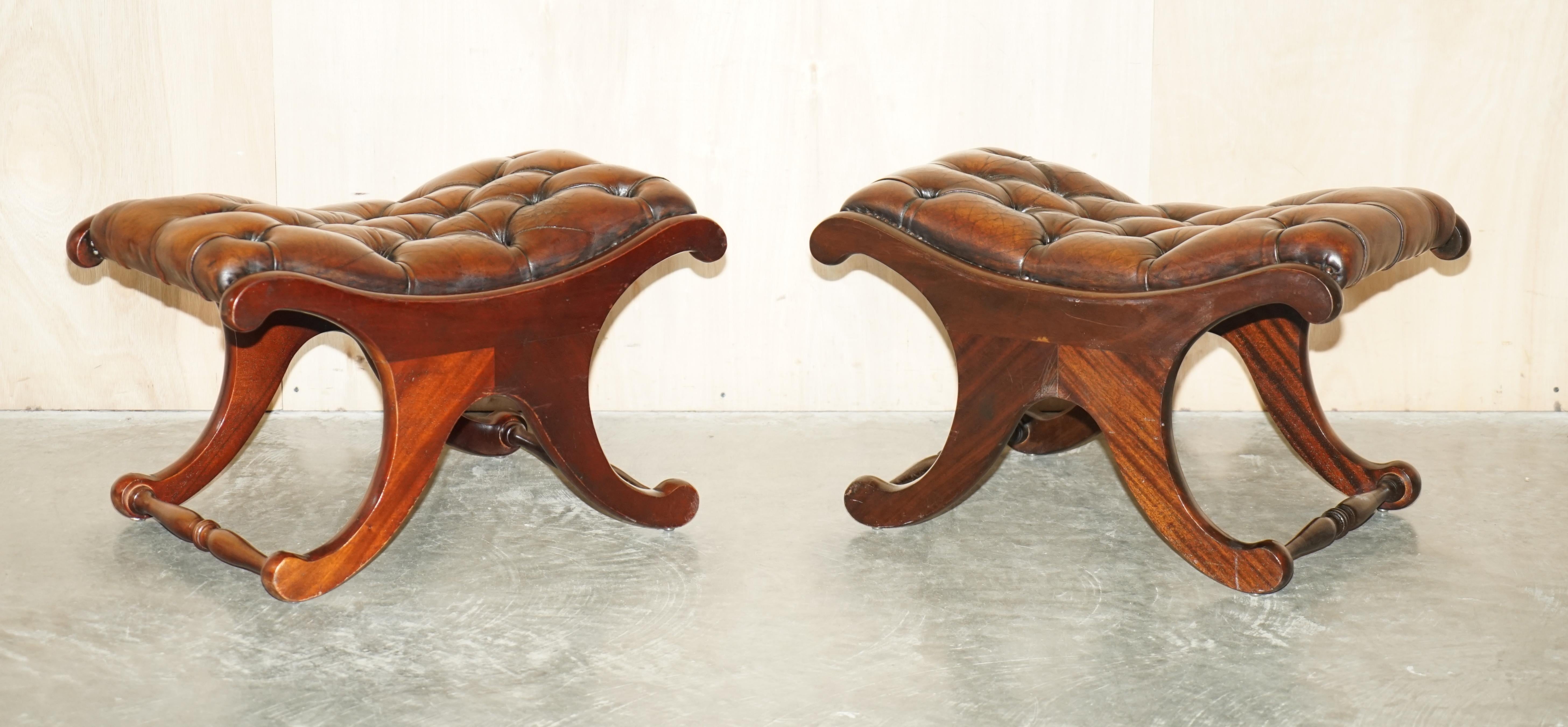 Pair of Restored Chesterfield Club Armchairs & Footstool Hand Dyed Brown Leather 10