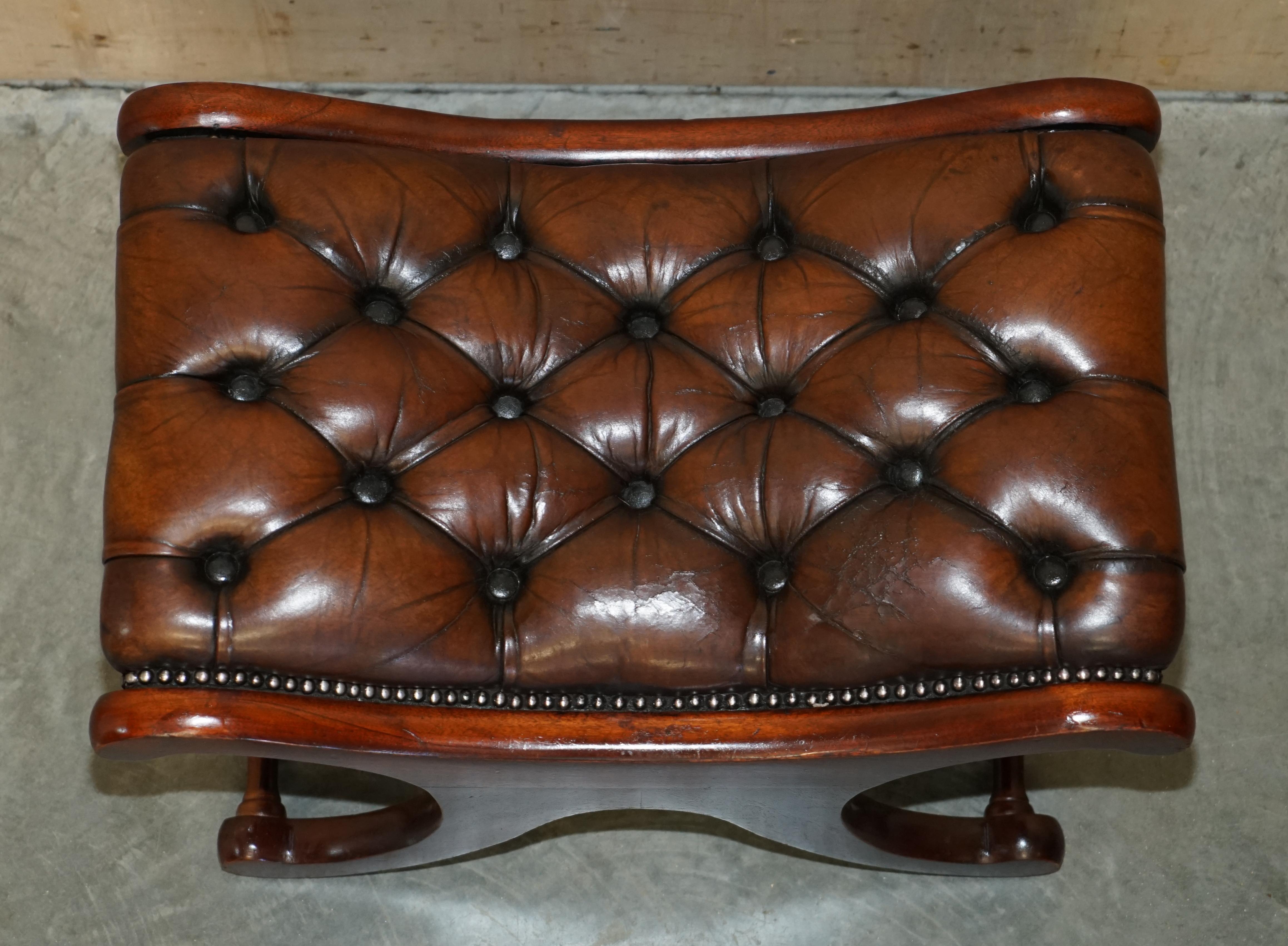 Pair of Restored Chesterfield Club Armchairs & Footstool Hand Dyed Brown Leather 13