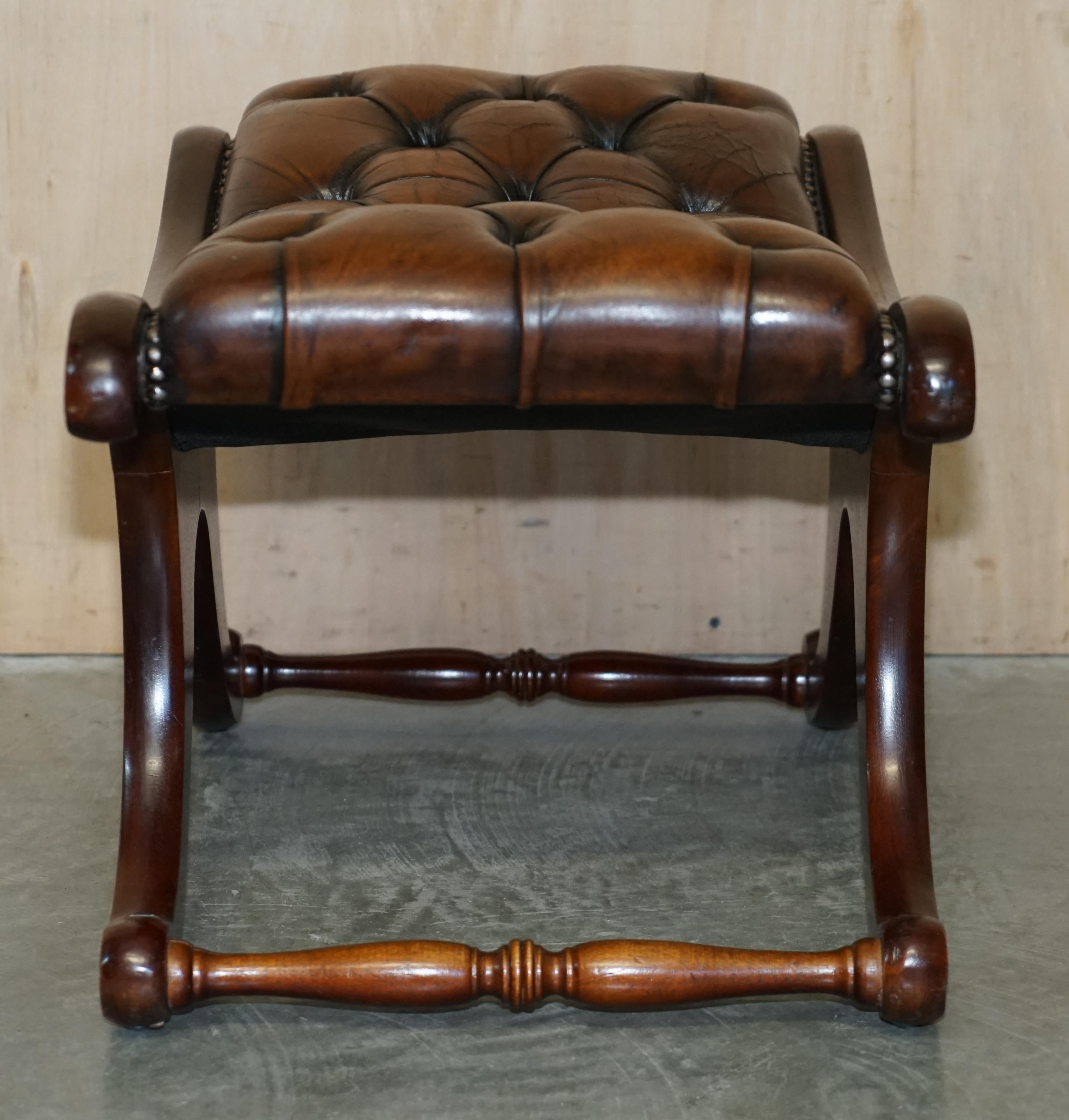 Pair of Restored Chesterfield Club Armchairs & Footstool Hand Dyed Brown Leather 14