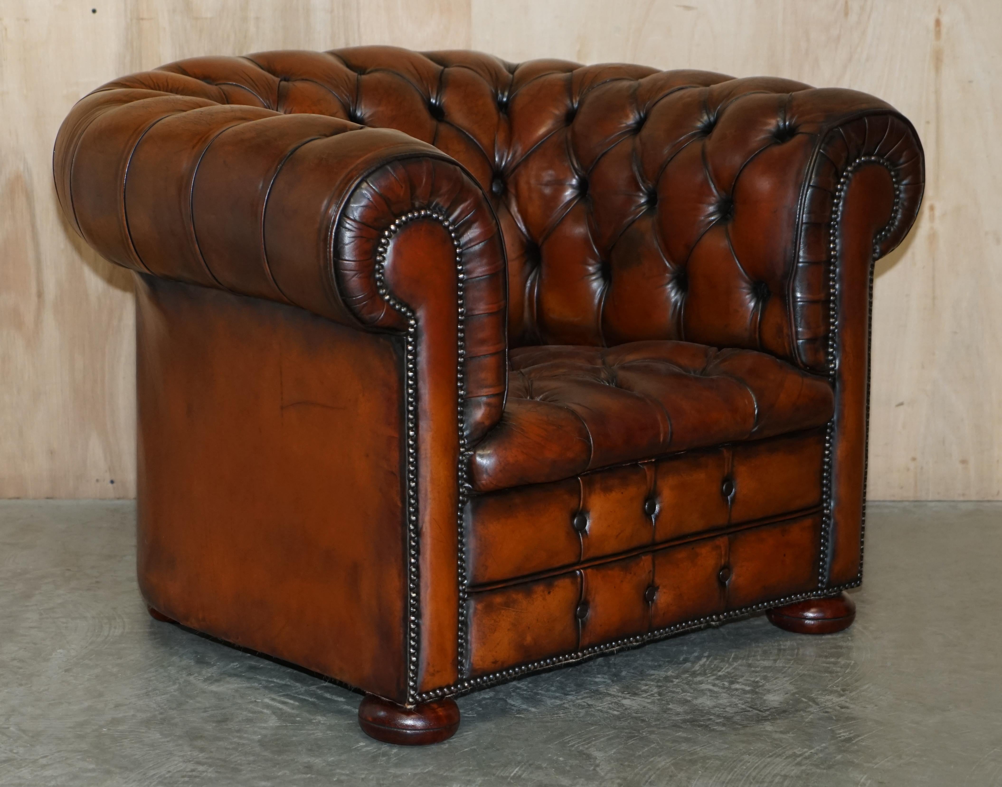 Art Deco Pair of Restored Chesterfield Club Armchairs & Footstool Hand Dyed Brown Leather