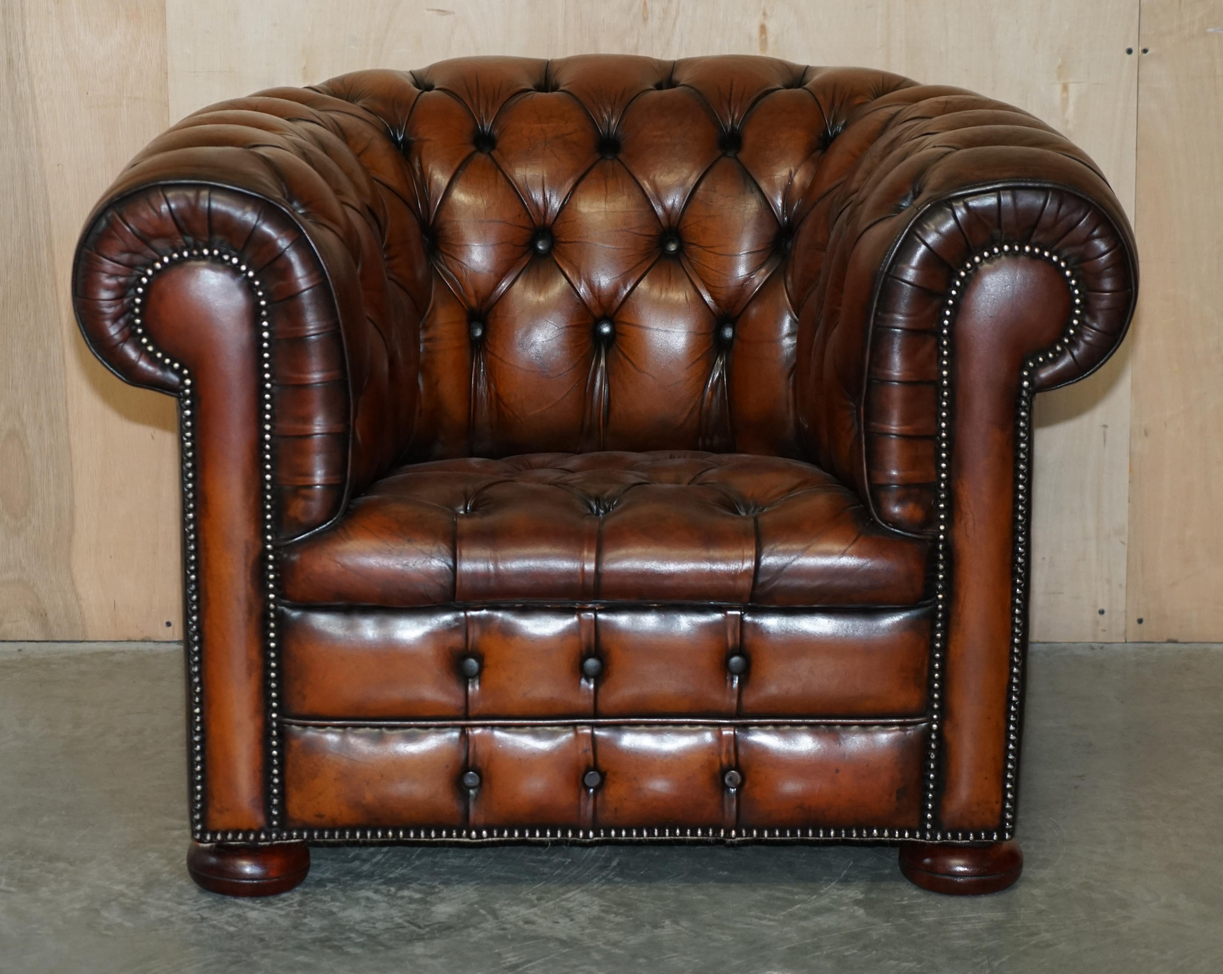 English Pair of Restored Chesterfield Club Armchairs & Footstool Hand Dyed Brown Leather