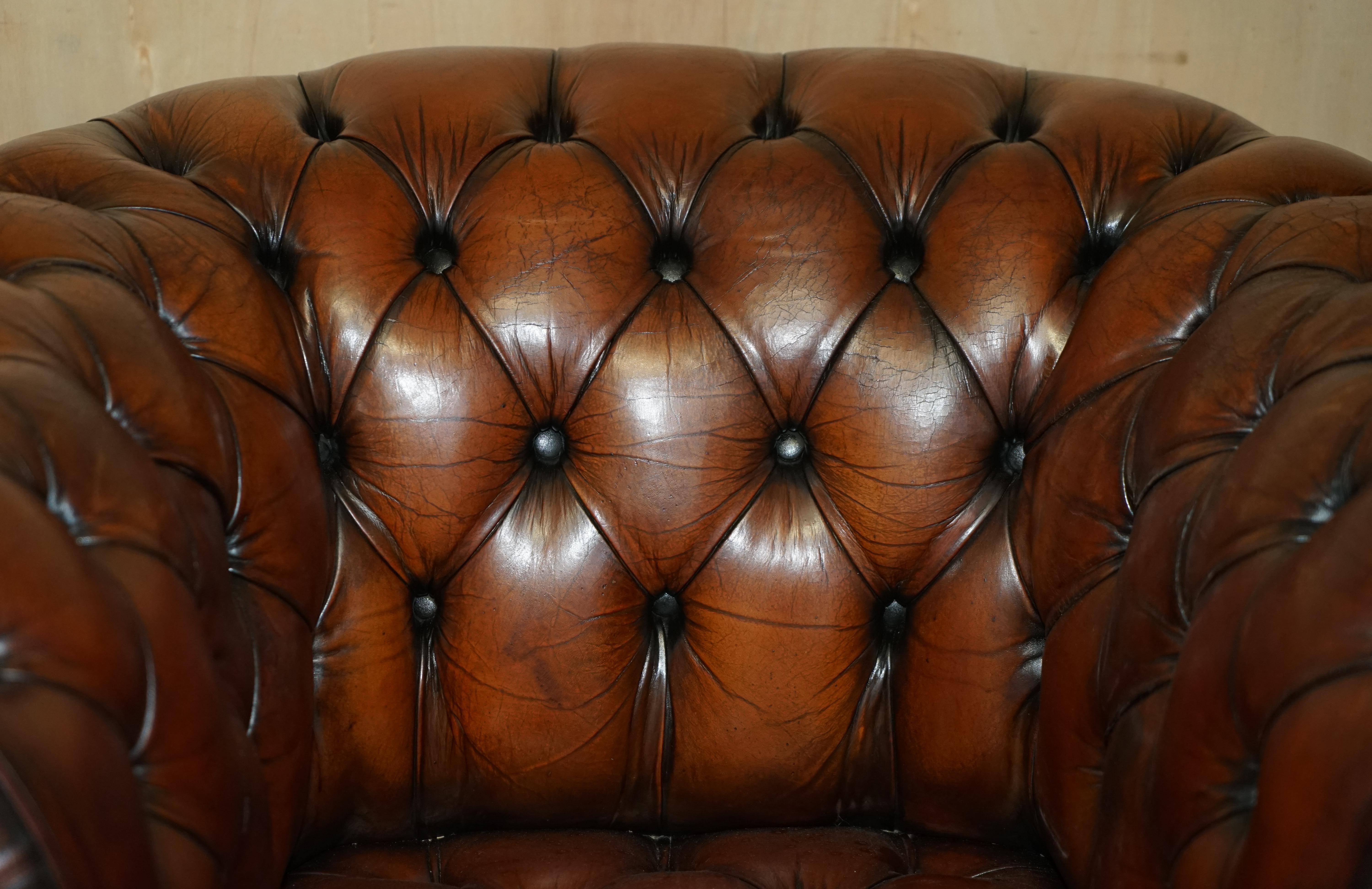 Hand-Crafted Pair of Restored Chesterfield Club Armchairs & Footstool Hand Dyed Brown Leather