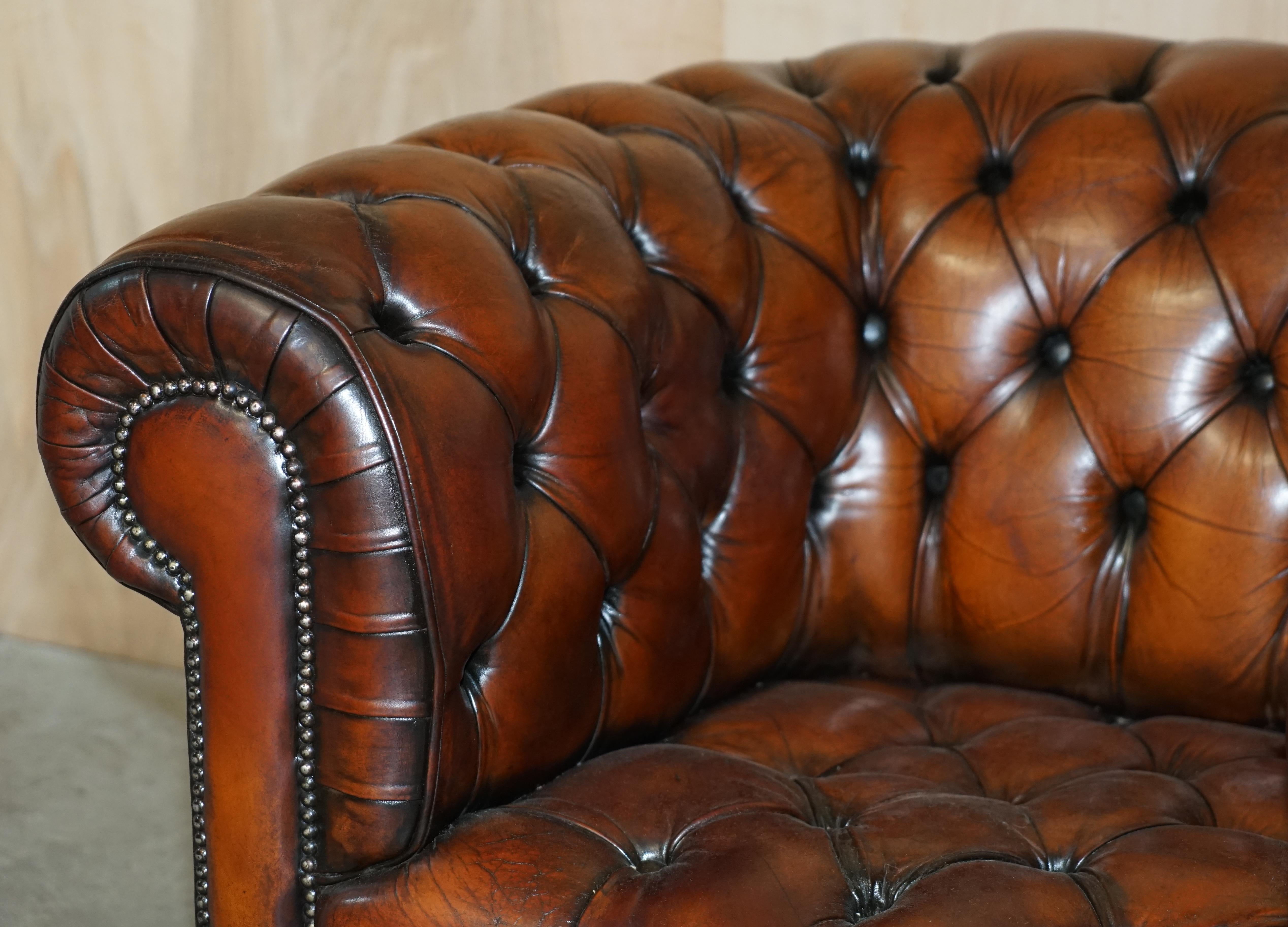 Mid-20th Century Pair of Restored Chesterfield Club Armchairs & Footstool Hand Dyed Brown Leather