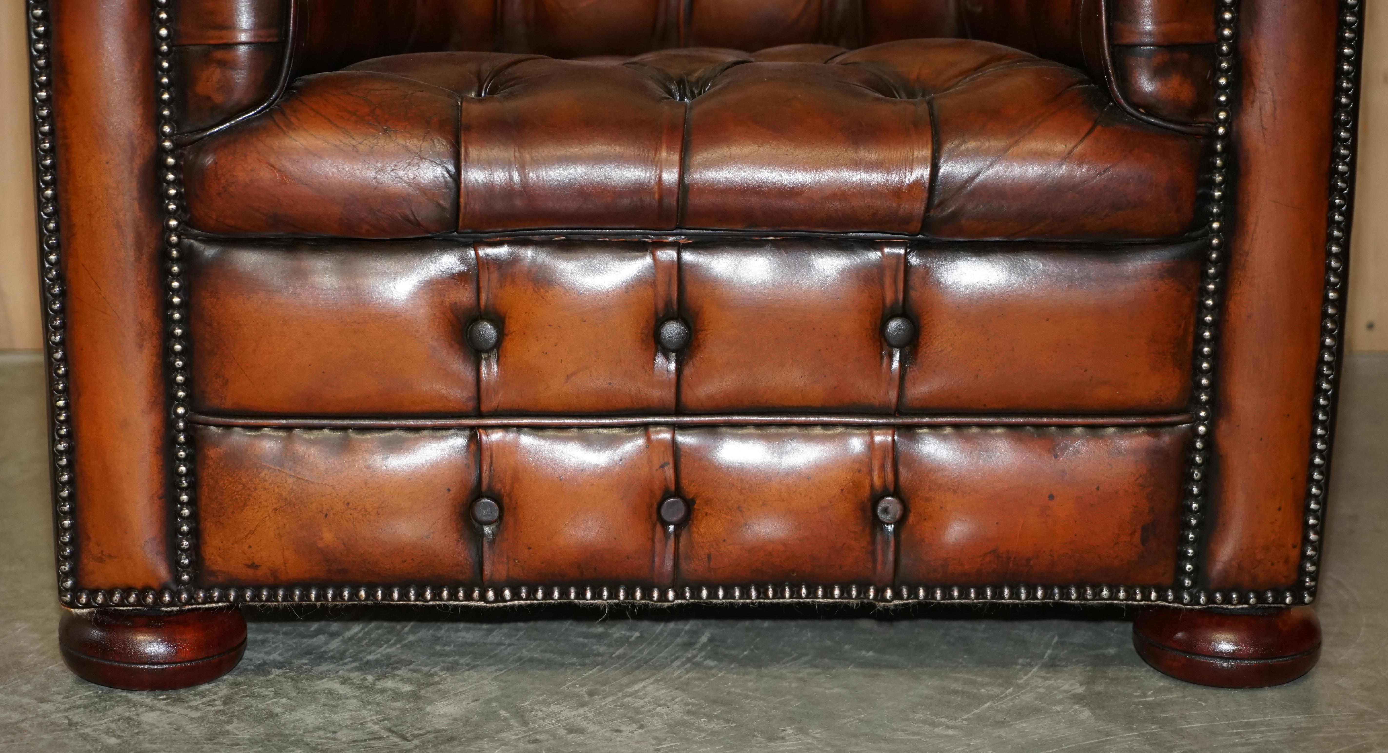 Pair of Restored Chesterfield Club Armchairs & Footstool Hand Dyed Brown Leather 1