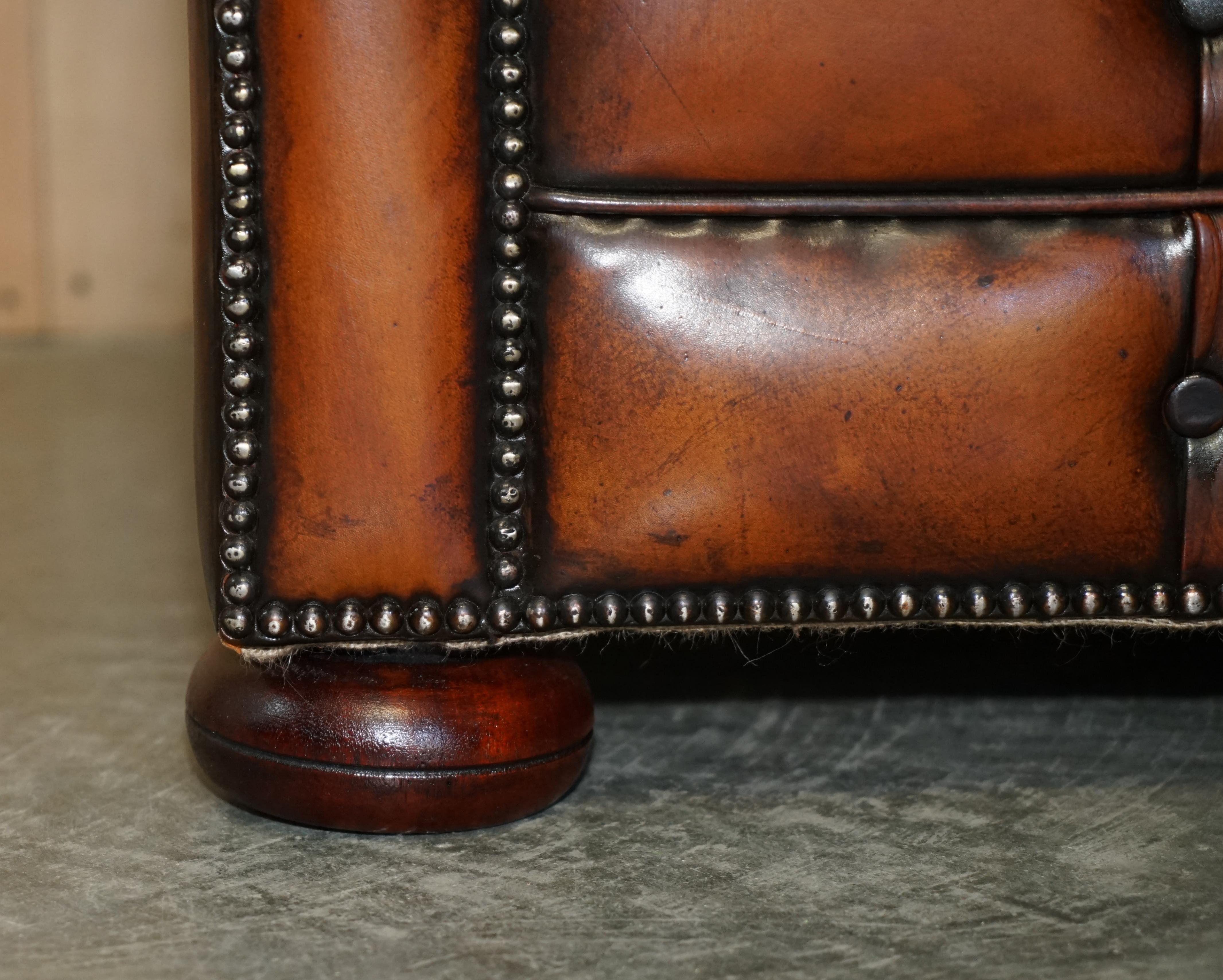 Pair of Restored Chesterfield Club Armchairs & Footstool Hand Dyed Brown Leather 2