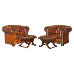 Pair of Restored Chesterfield Club Armchairs & Footstool Hand Dyed Brown Leather