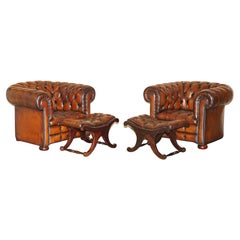 Vintage Pair of Restored Chesterfield Club Armchairs & Footstool Hand Dyed Brown Leather