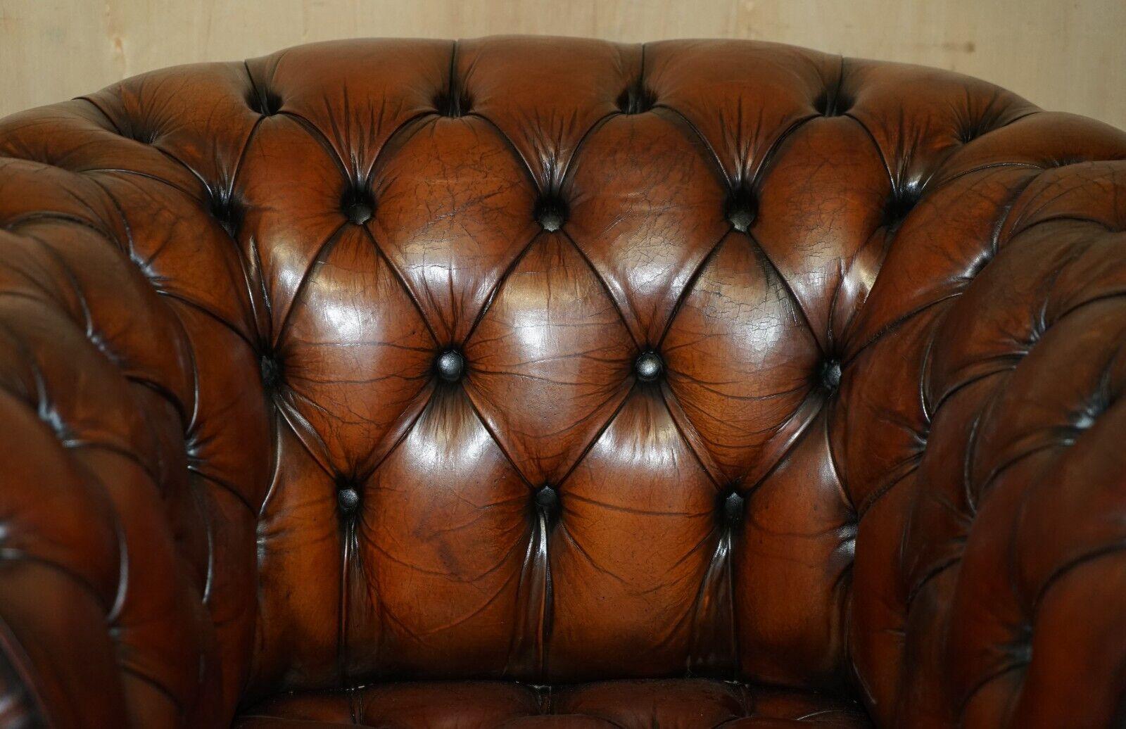 Leather PAIR OF RESTORED CHESTERFIELD CLUB ARMCHAiRS WONDERFUL HAND DYED BROWN LEATHER