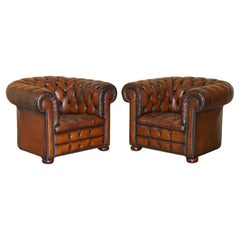 Vintage PAIR OF RESTORED CHESTERFIELD CLUB ARMCHAiRS WONDERFUL HAND DYED BROWN LEATHER