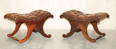 PAIR OF RESTORED CHESTERFIELD FOOTSTOOL OTTOMANS IN RiCH HAND DYED BROWN LEATHER