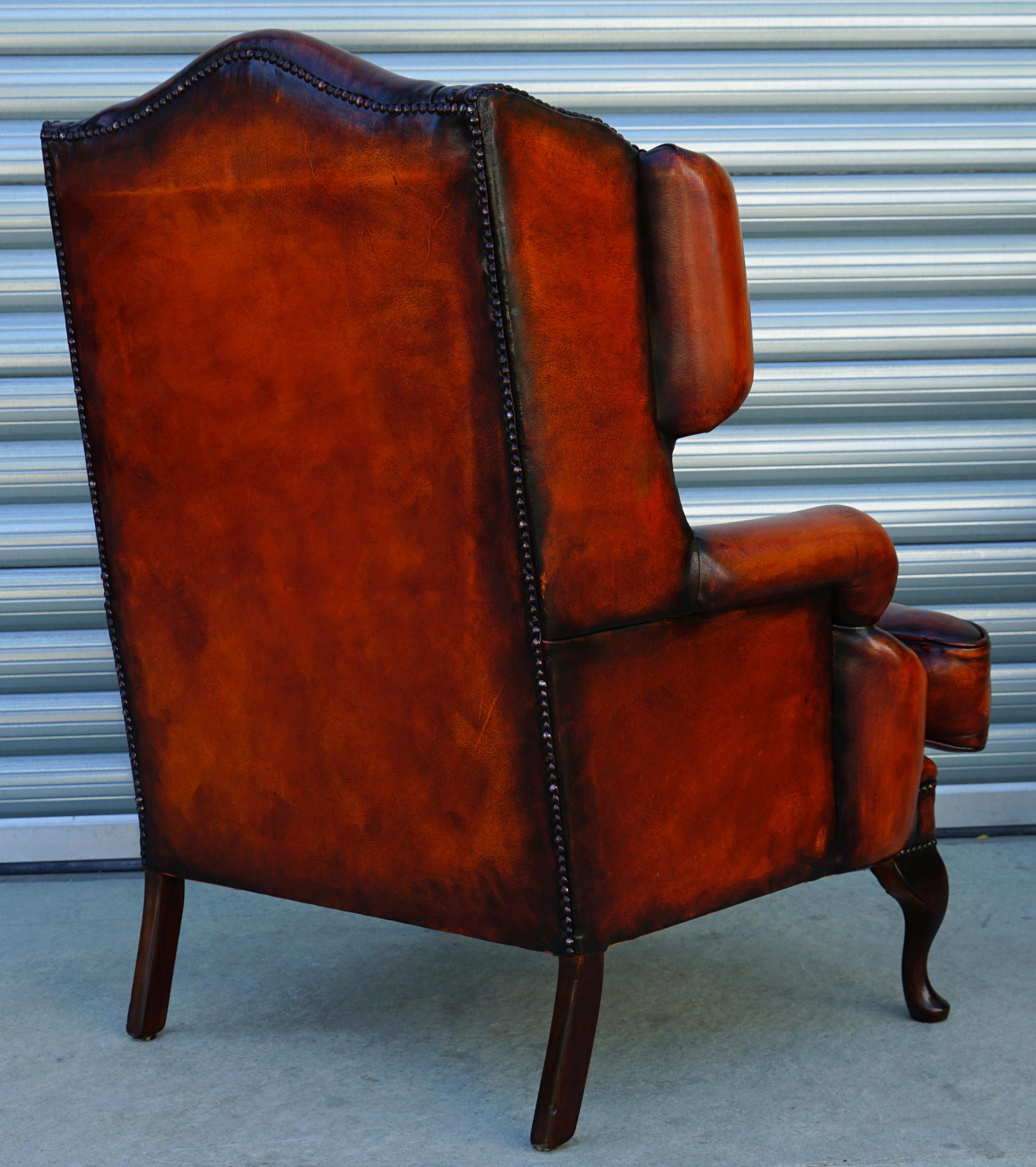 Pair of Restored Chesterfield Morris Wingback Armchairs Whisky Brown Leather 5