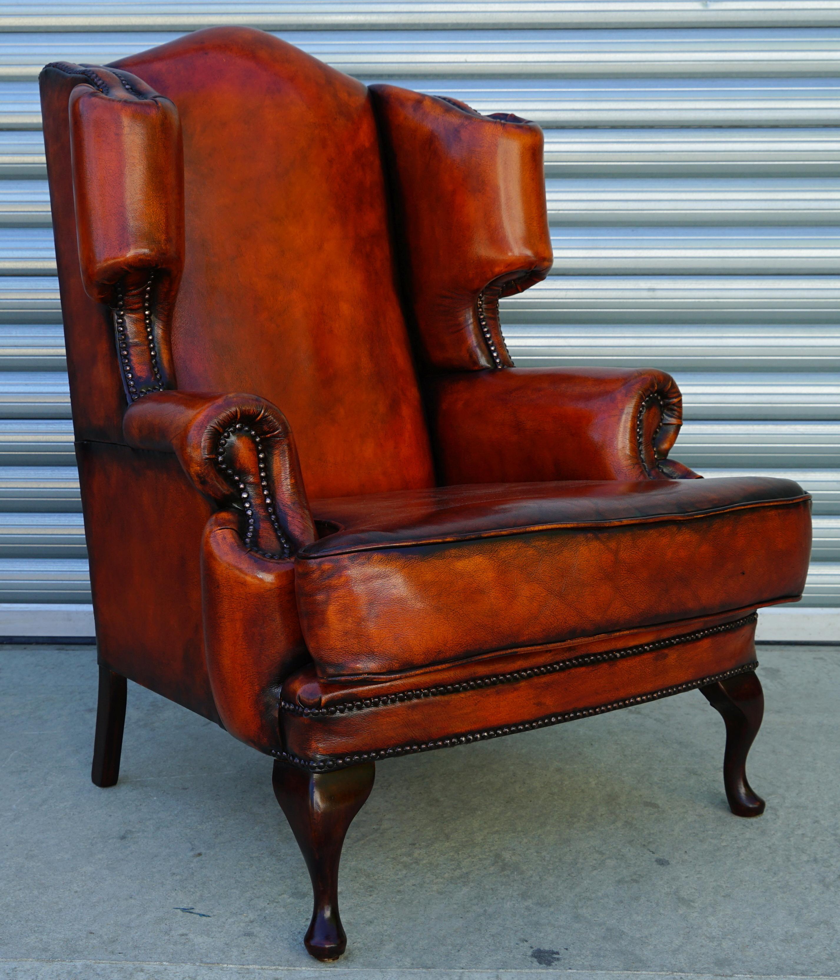 Pair of Restored Chesterfield Morris Wingback Armchairs Whisky Brown Leather 7