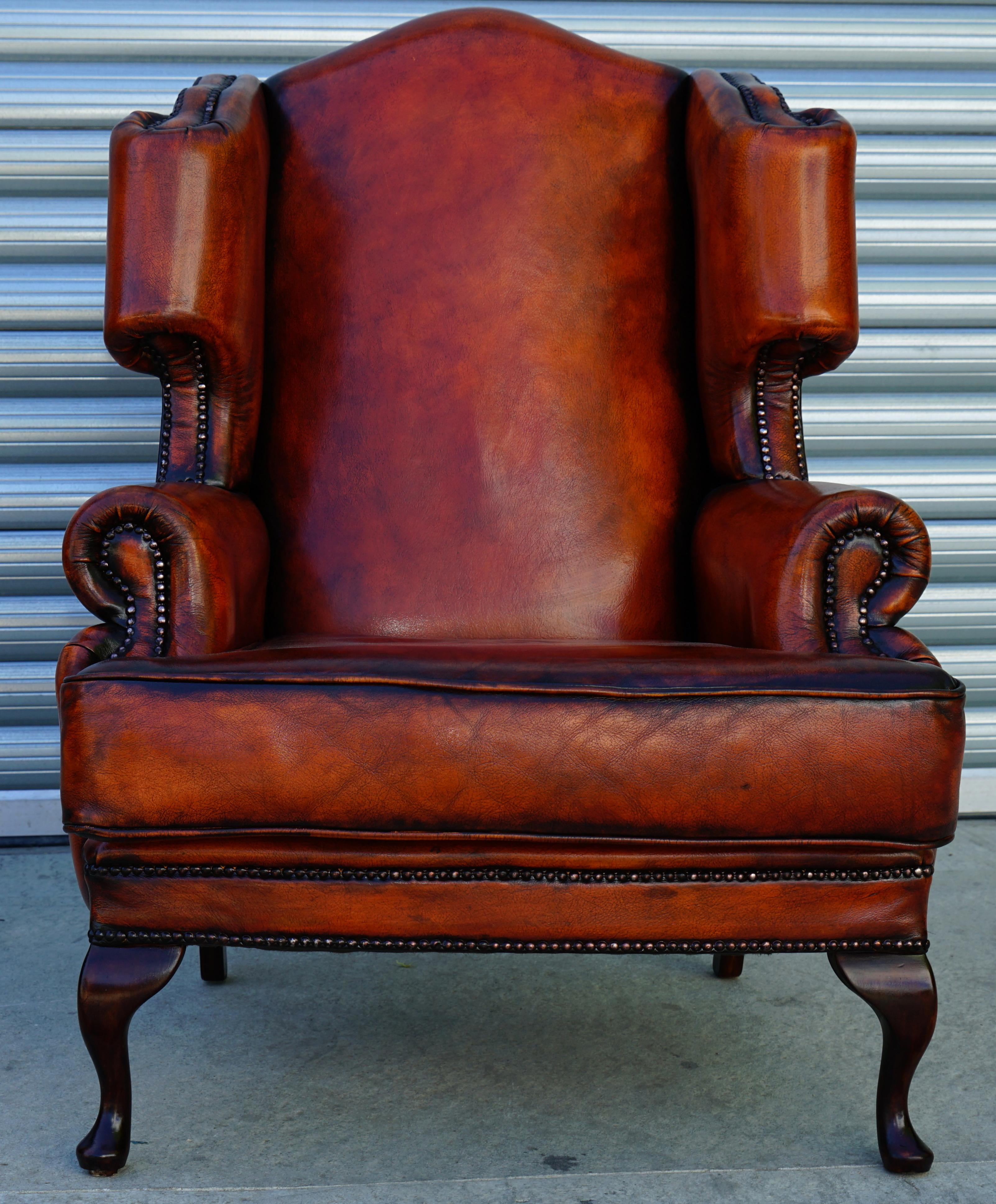 Pair of Restored Chesterfield Morris Wingback Armchairs Whisky Brown Leather 8