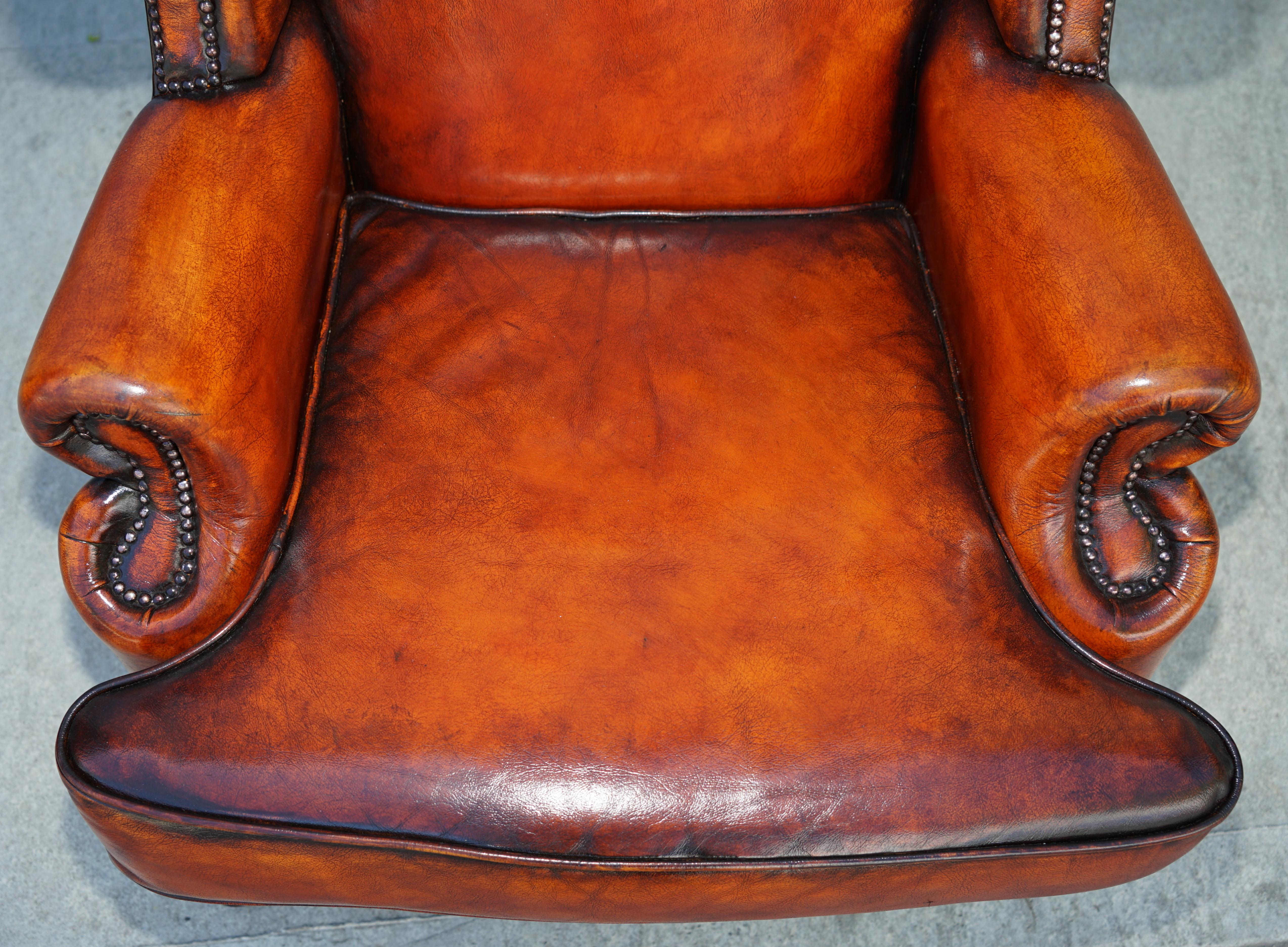 Pair of Restored Chesterfield Morris Wingback Armchairs Whisky Brown Leather 9