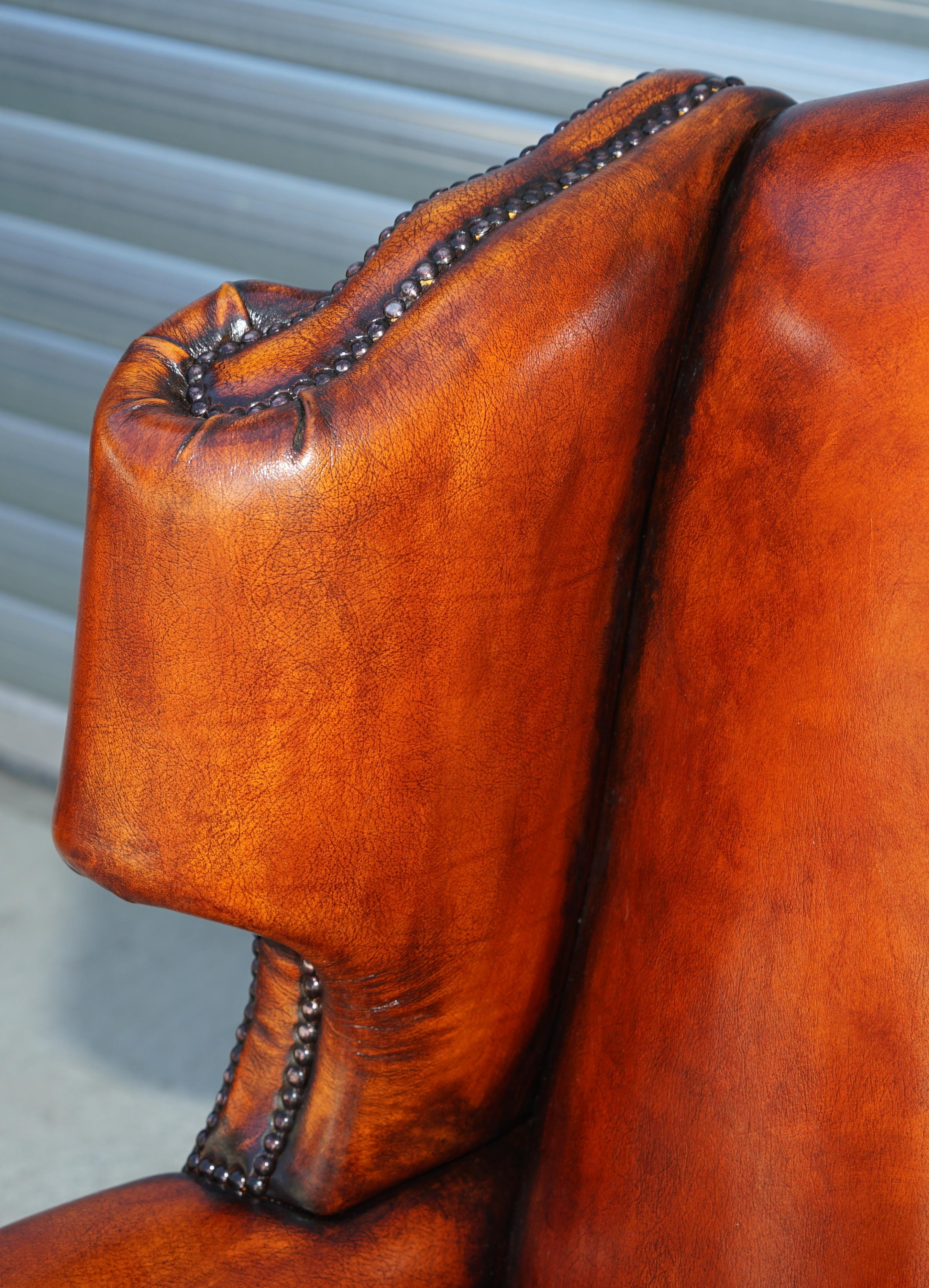 Pair of Restored Chesterfield Morris Wingback Armchairs Whisky Brown Leather 10