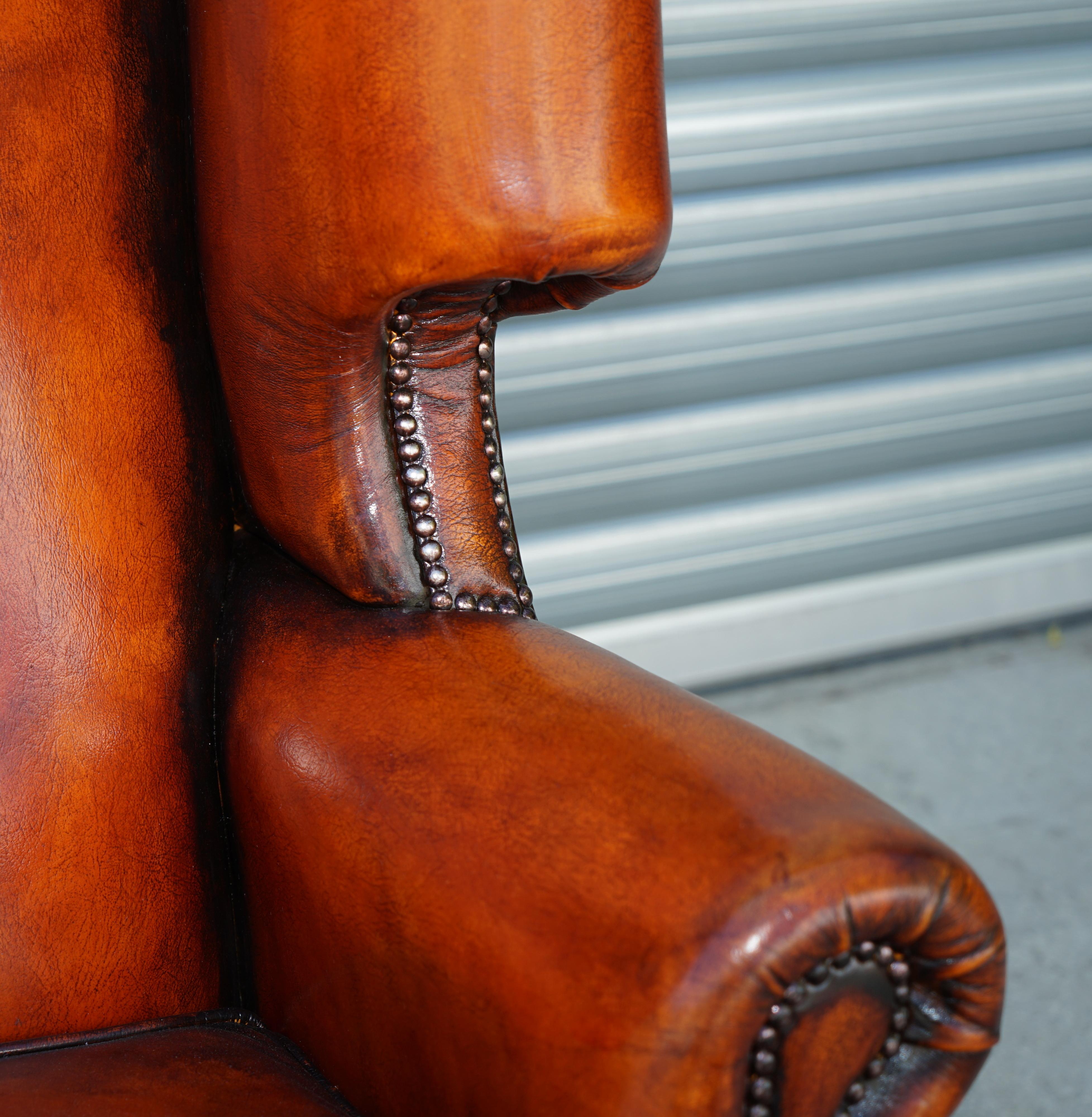 Pair of Restored Chesterfield Morris Wingback Armchairs Whisky Brown Leather 11