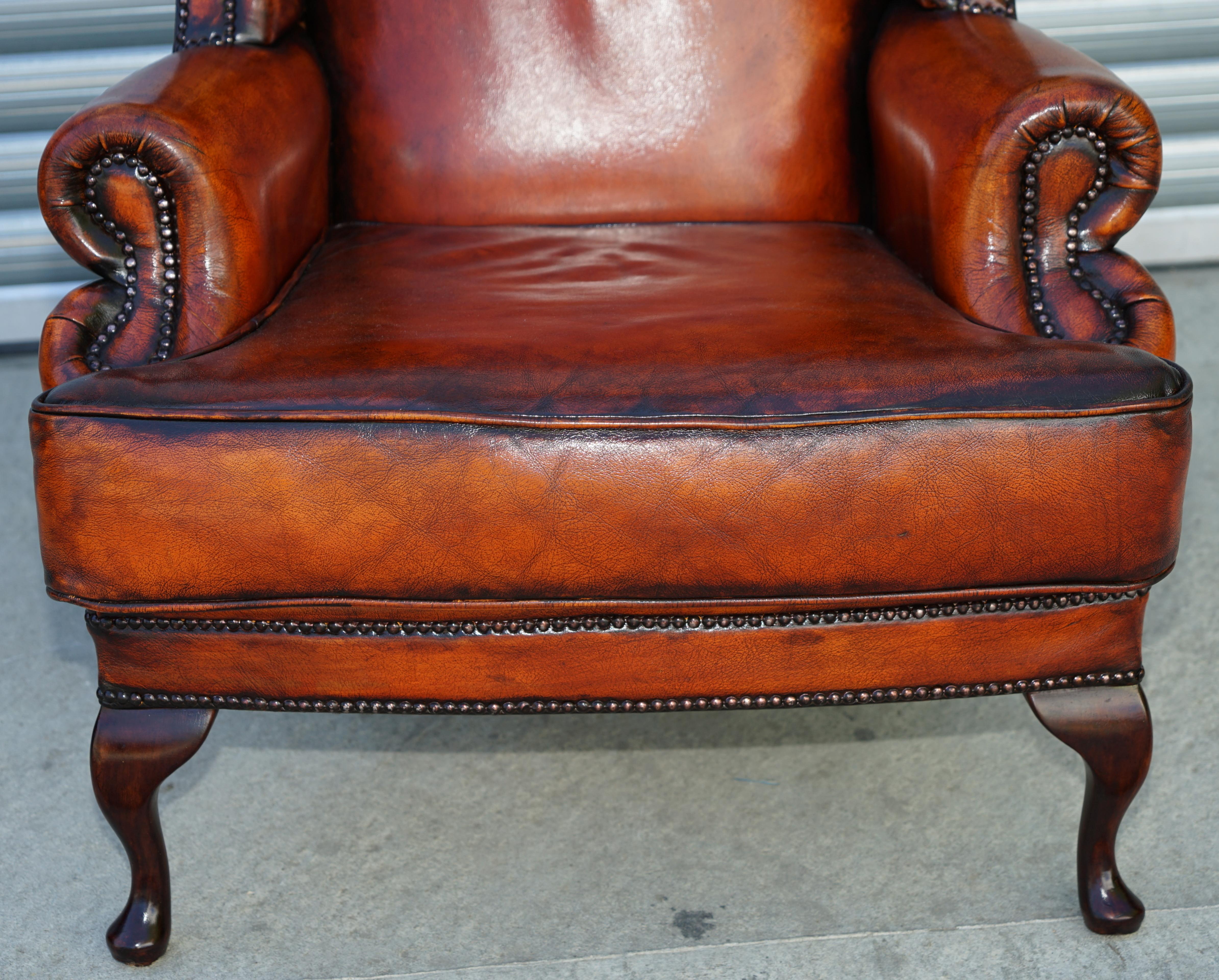 Pair of Restored Chesterfield Morris Wingback Armchairs Whisky Brown Leather 12