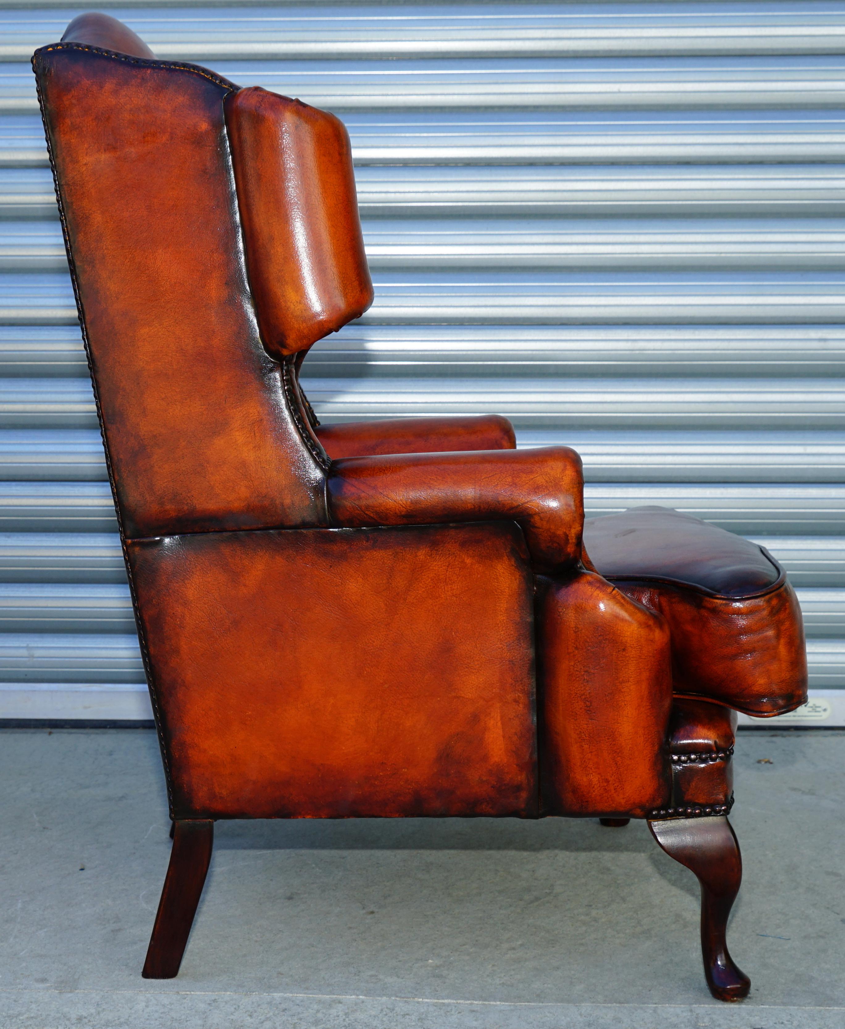 Pair of Restored Chesterfield Morris Wingback Armchairs Whisky Brown Leather 13