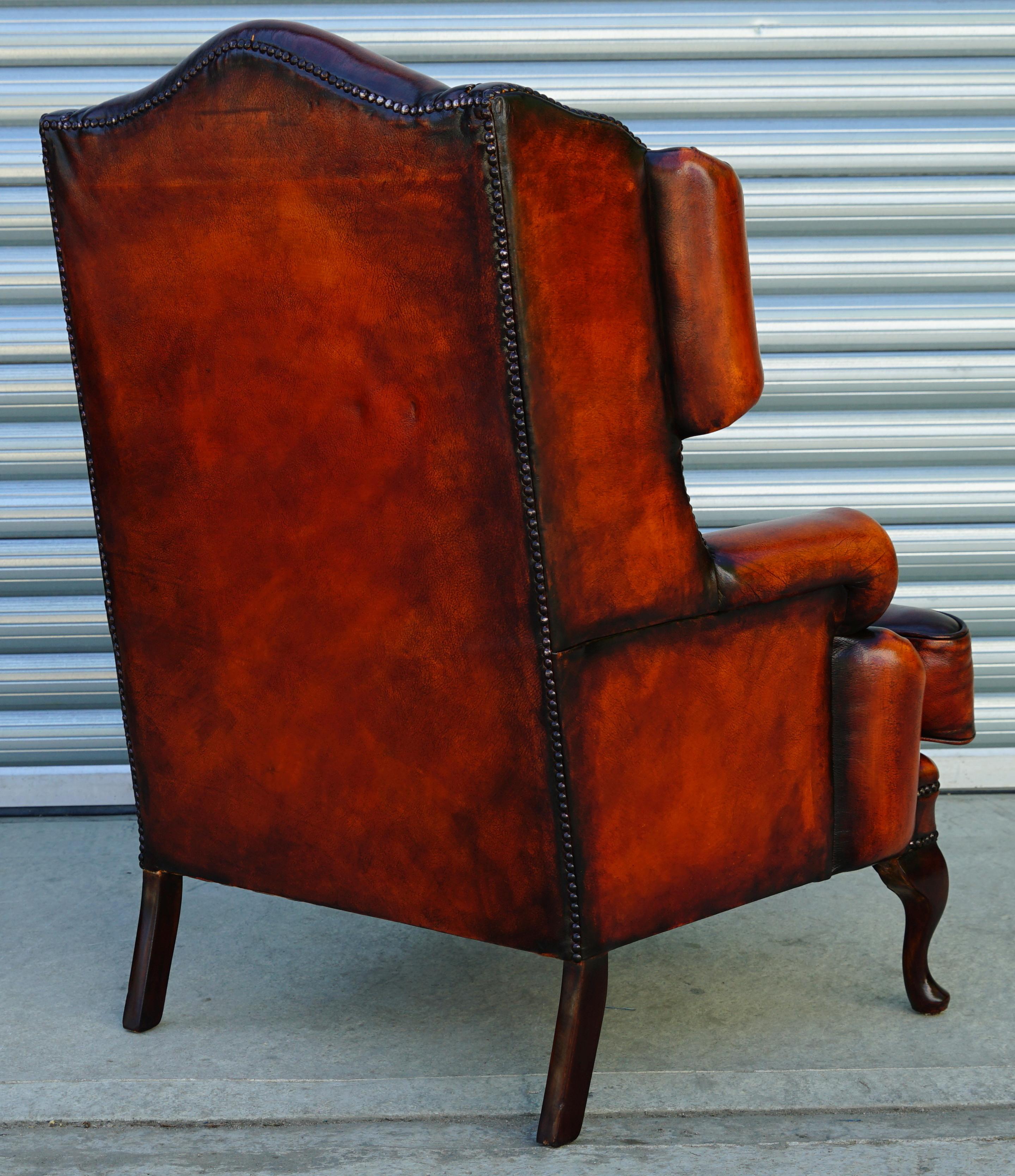Pair of Restored Chesterfield Morris Wingback Armchairs Whisky Brown Leather 14