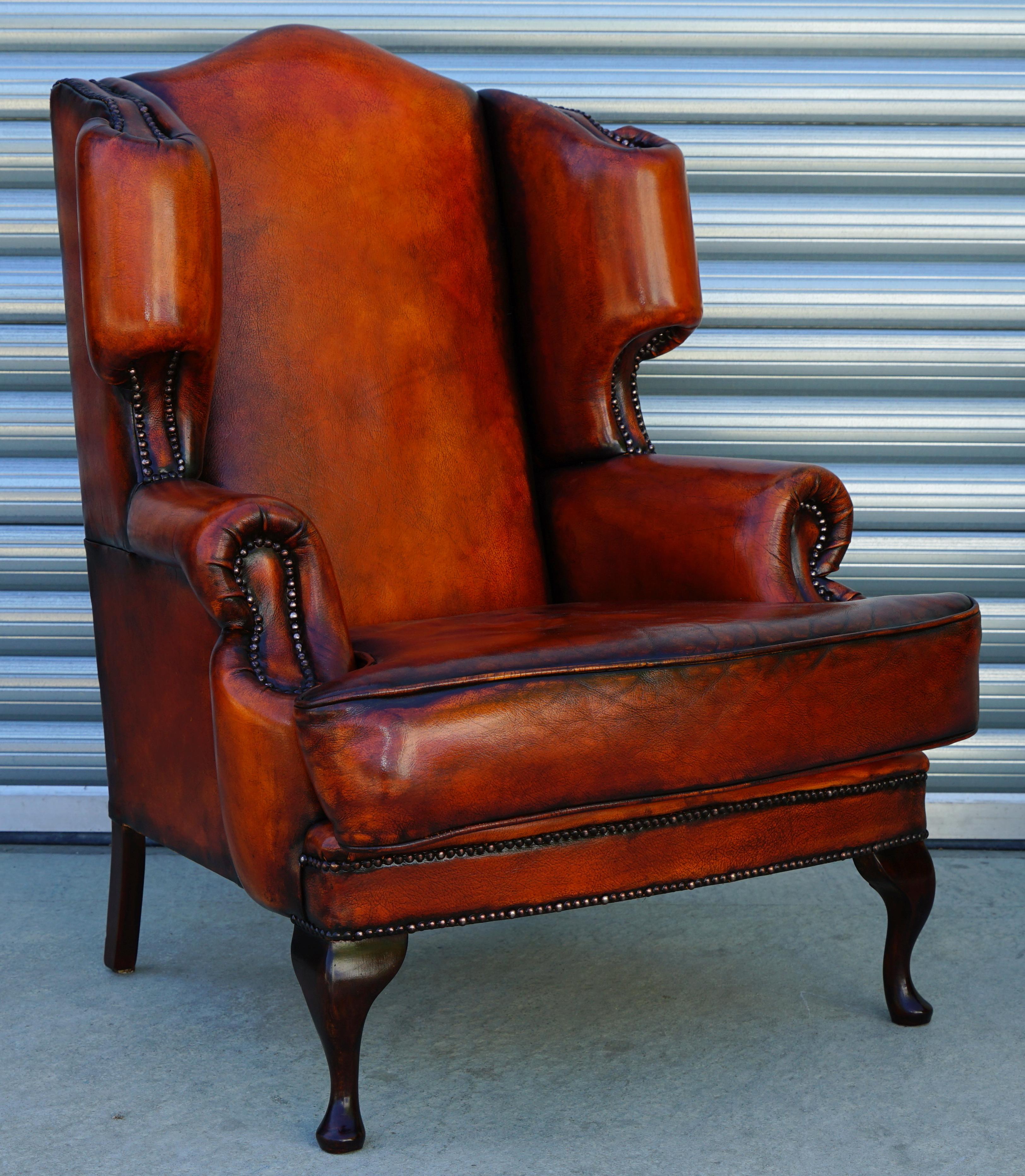We are delighted to offer for sale this stunning pair of lovely fully restored vintage William Morris style wingback armchairs in whisky brown leather 

These chairs are a real tour de force, they have absolutely everything going for them, the