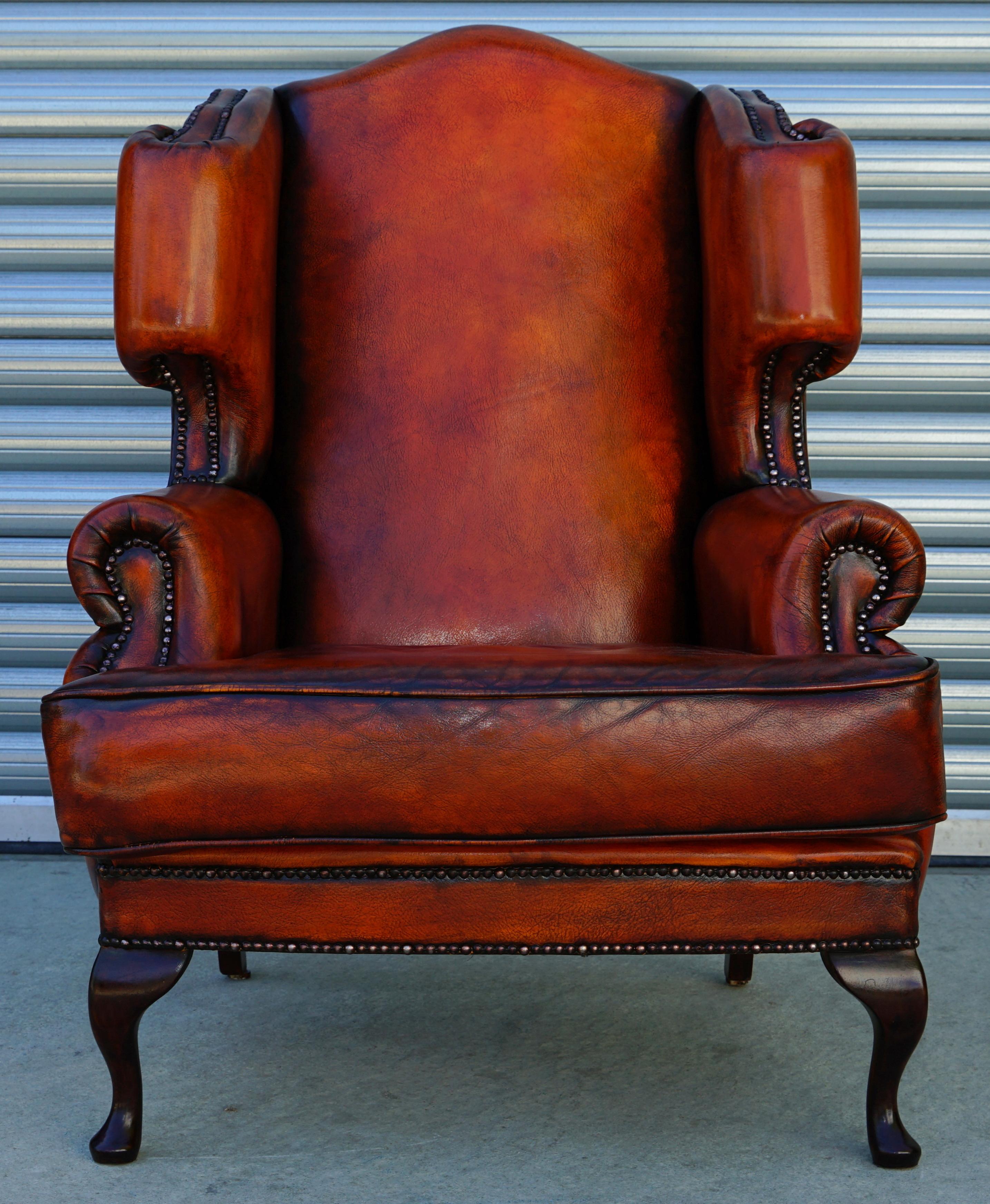 English Pair of Restored Chesterfield Morris Wingback Armchairs Whisky Brown Leather