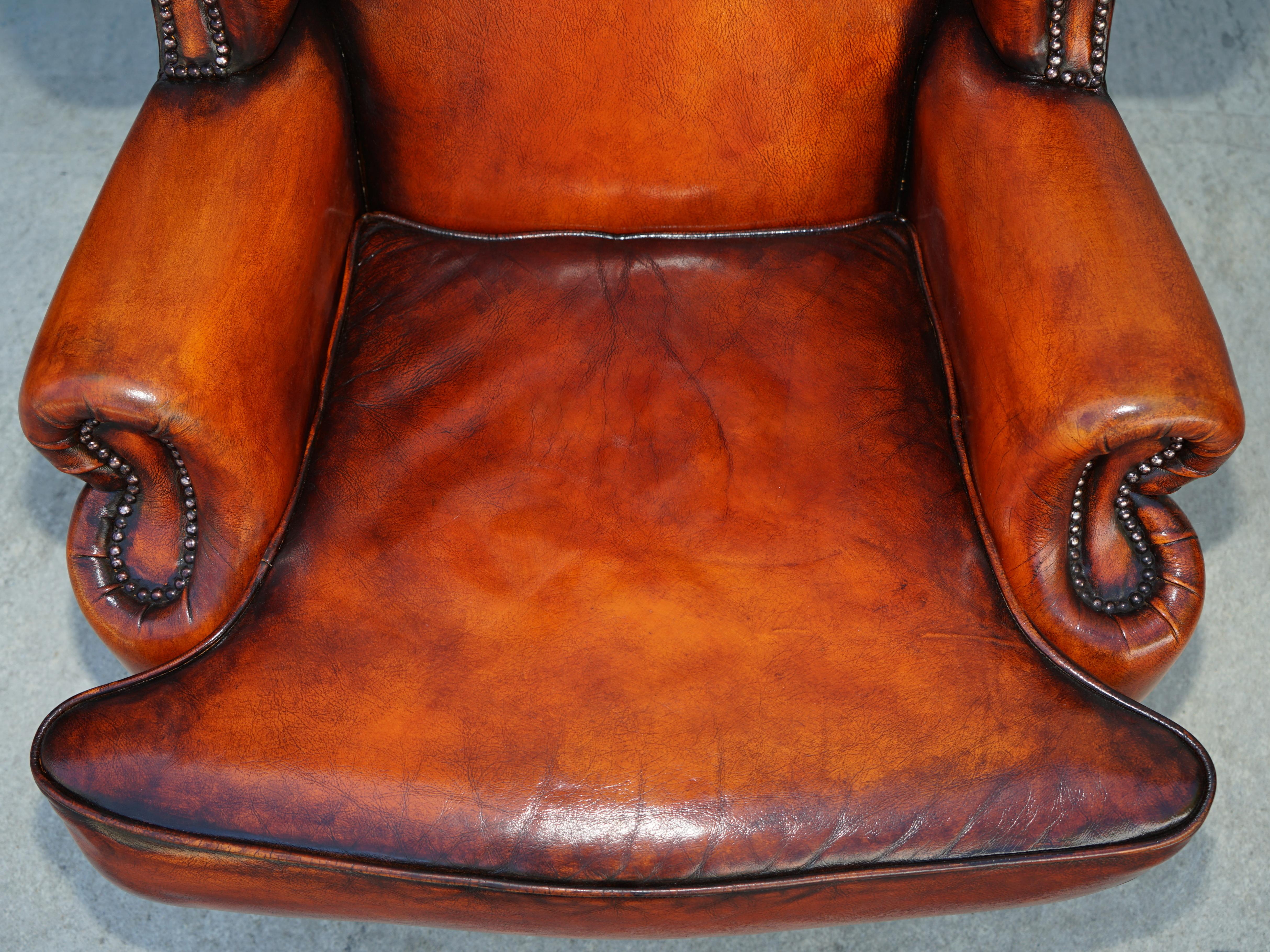 Hand-Crafted Pair of Restored Chesterfield Morris Wingback Armchairs Whisky Brown Leather