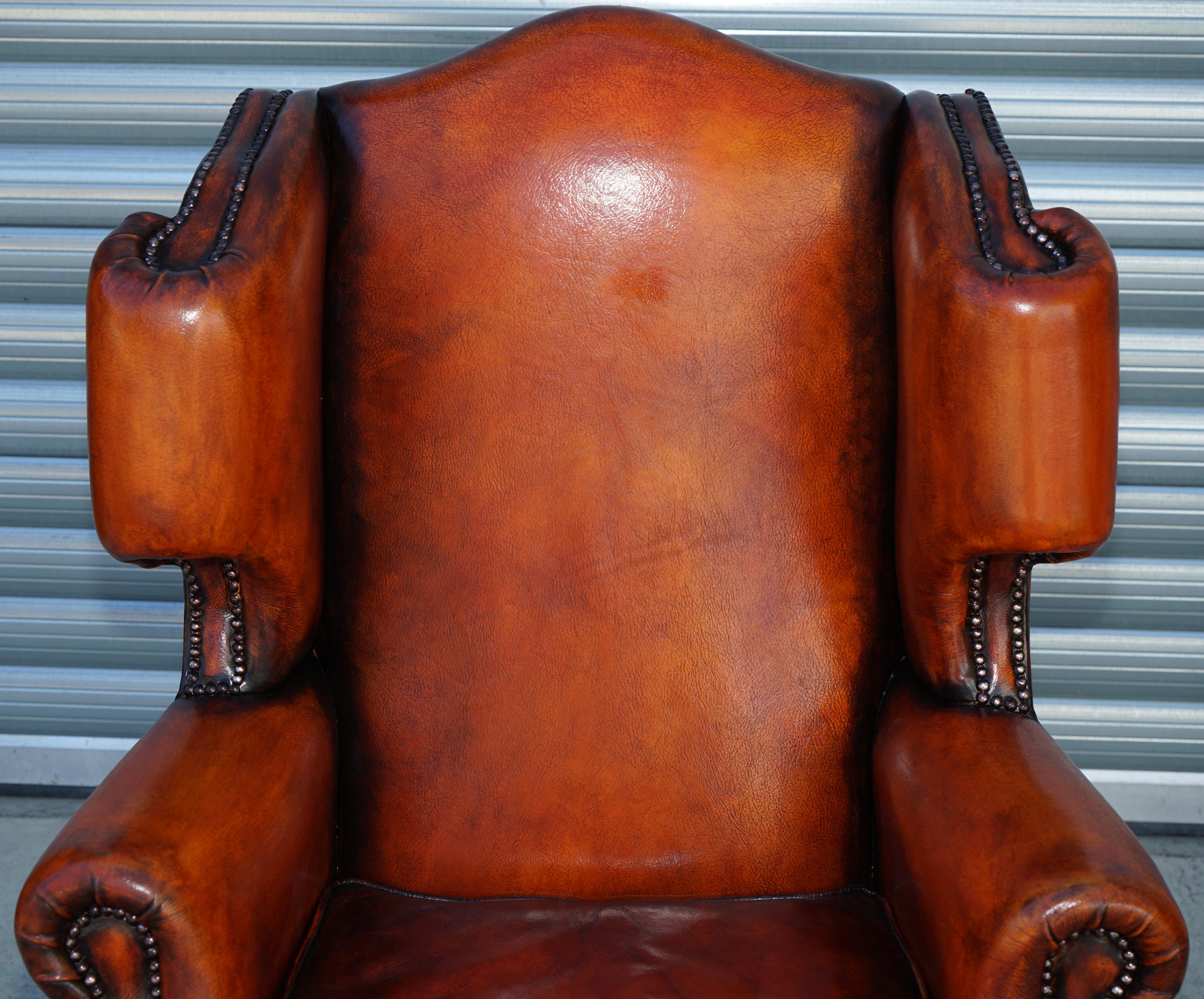 Pair of Restored Chesterfield Morris Wingback Armchairs Whisky Brown Leather 1