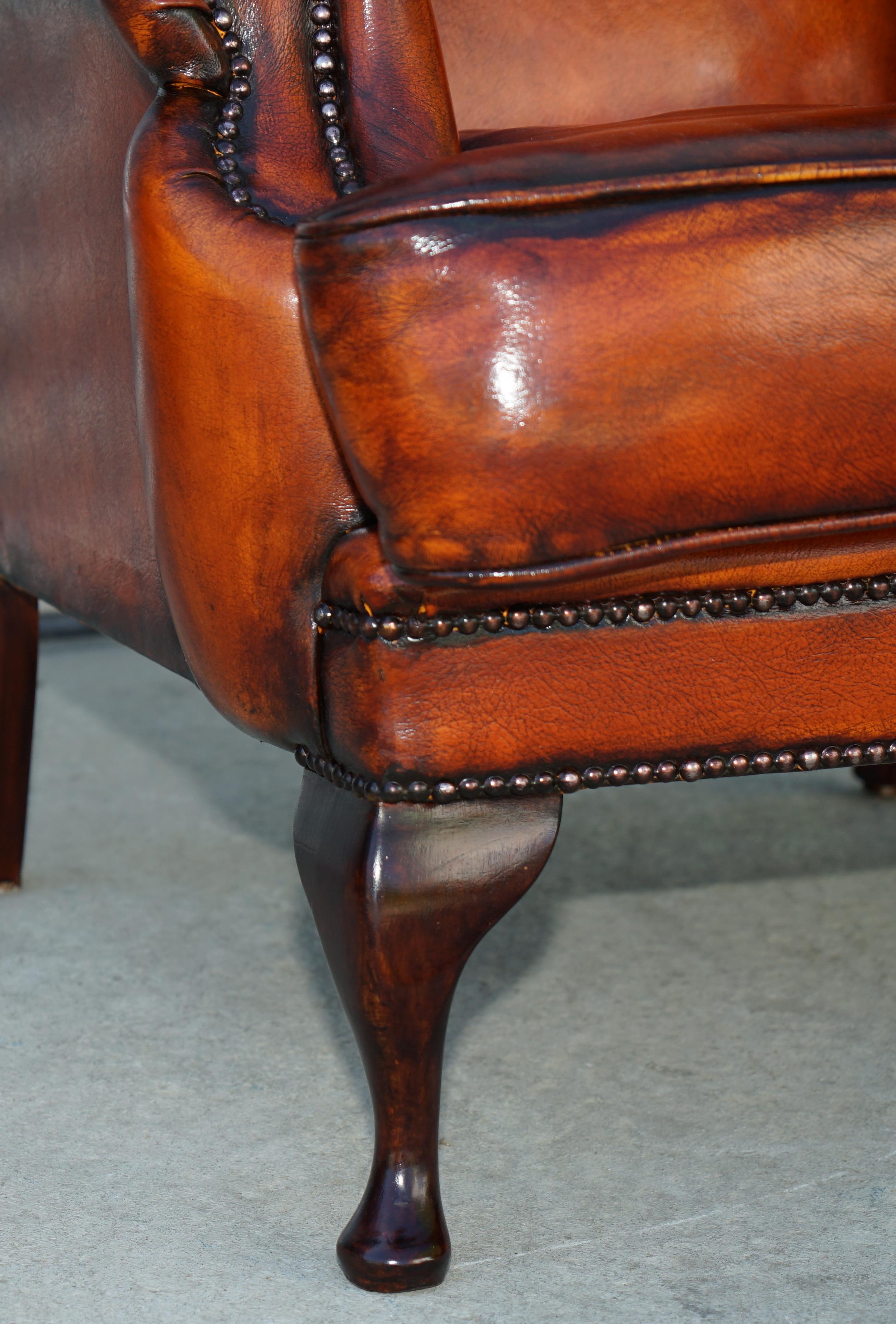 Pair of Restored Chesterfield Morris Wingback Armchairs Whisky Brown Leather 3