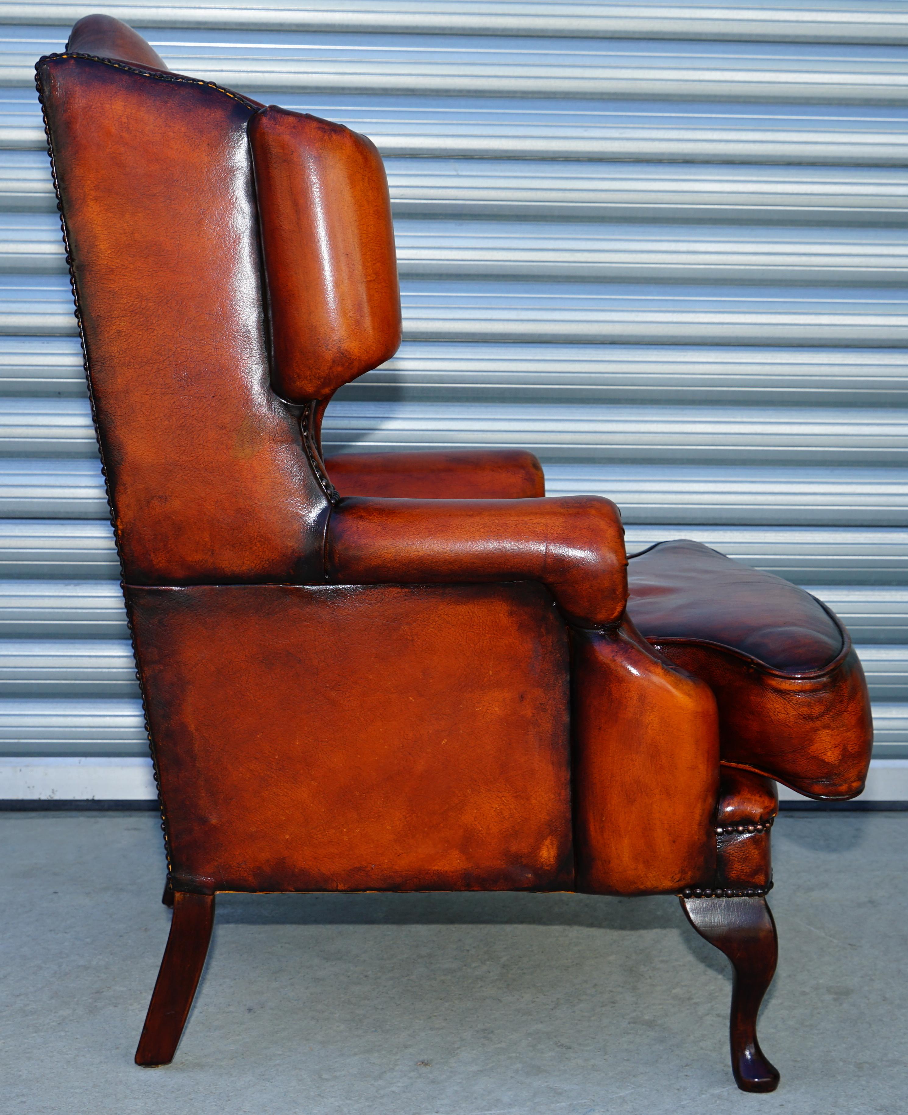 Pair of Restored Chesterfield Morris Wingback Armchairs Whisky Brown Leather 4