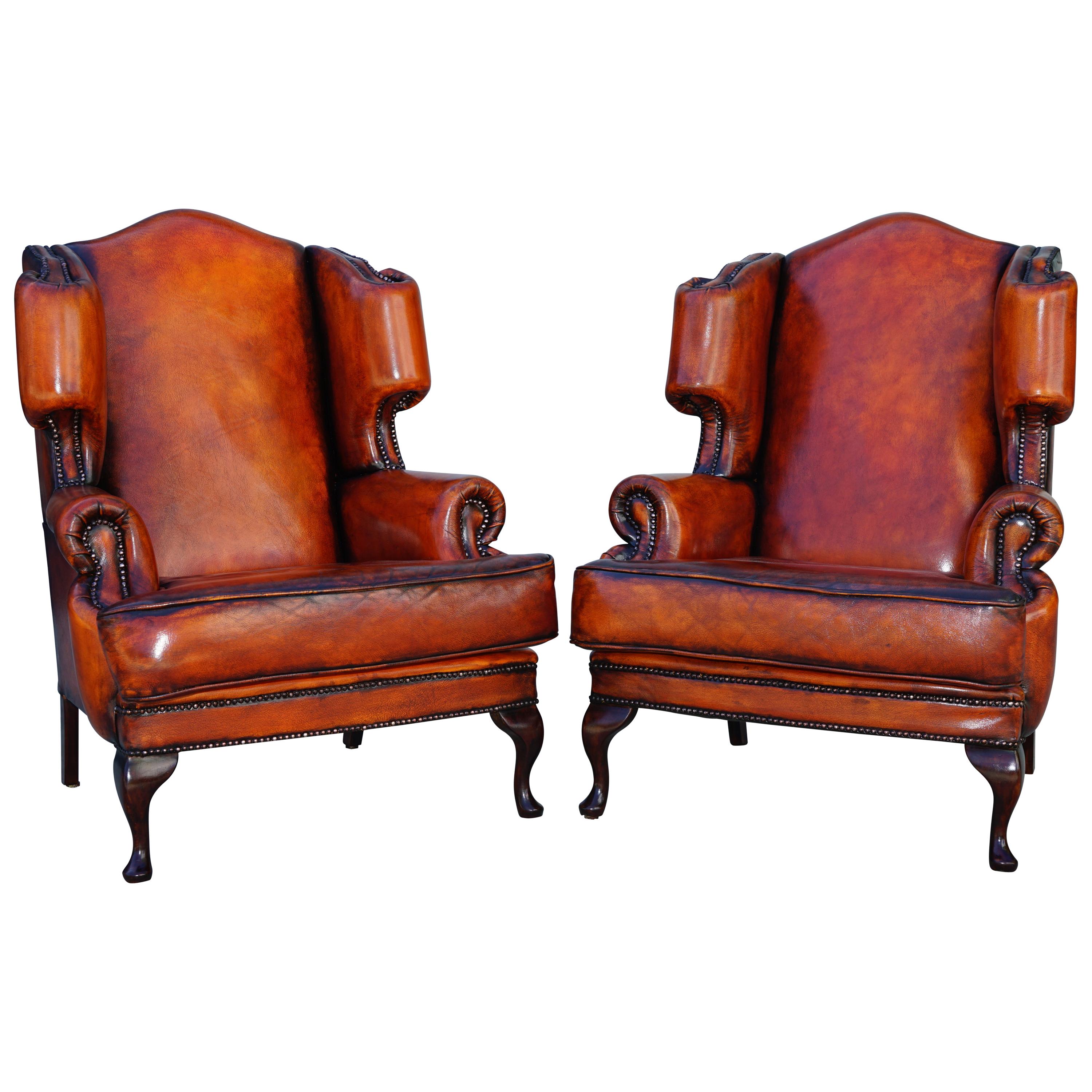 Pair of Restored Chesterfield Morris Wingback Armchairs Whisky Brown Leather